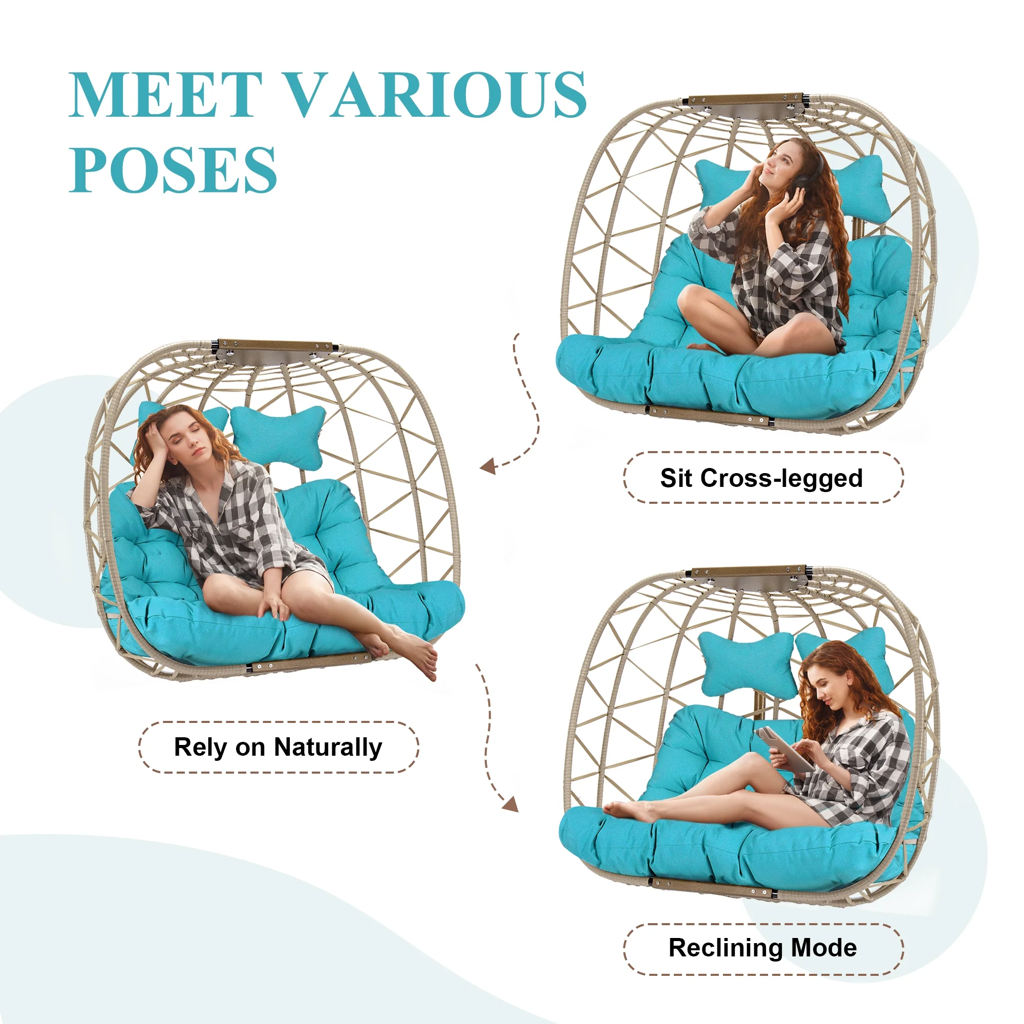 RADIATA Double Wicker Egg Swing Chair with Stand, 2-Person Hanging Egg Chair for Indoor/Outdoor, 700lbs Capacity, Thick Cushions & Headrest,Sturdy Metal Frame��Dark Gray - Image 24