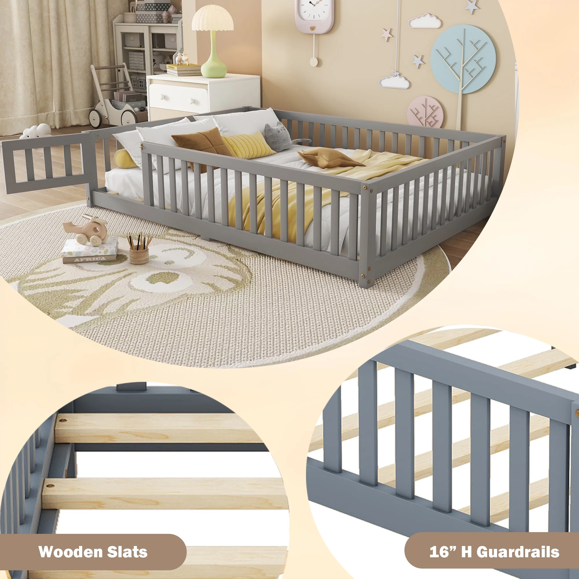 Bellemave Full Size Floor Bed with Door and Fence Floor Bed with Bed Slats Sturdy Wood Floor Bed Montessori Bed Frame (Full, Pink) - Image 27
