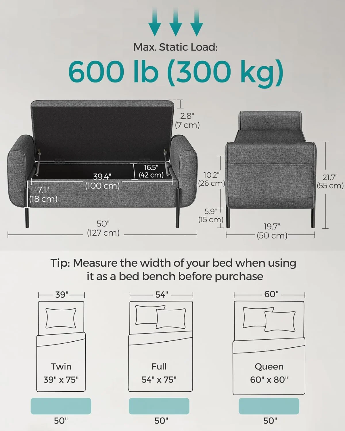 SONGMICS 46.5" Storage Ottoman Bench Storage Bench Bedroom Bench 330lb Load Capacity Solid Wood Legs Light Gray - Image 30