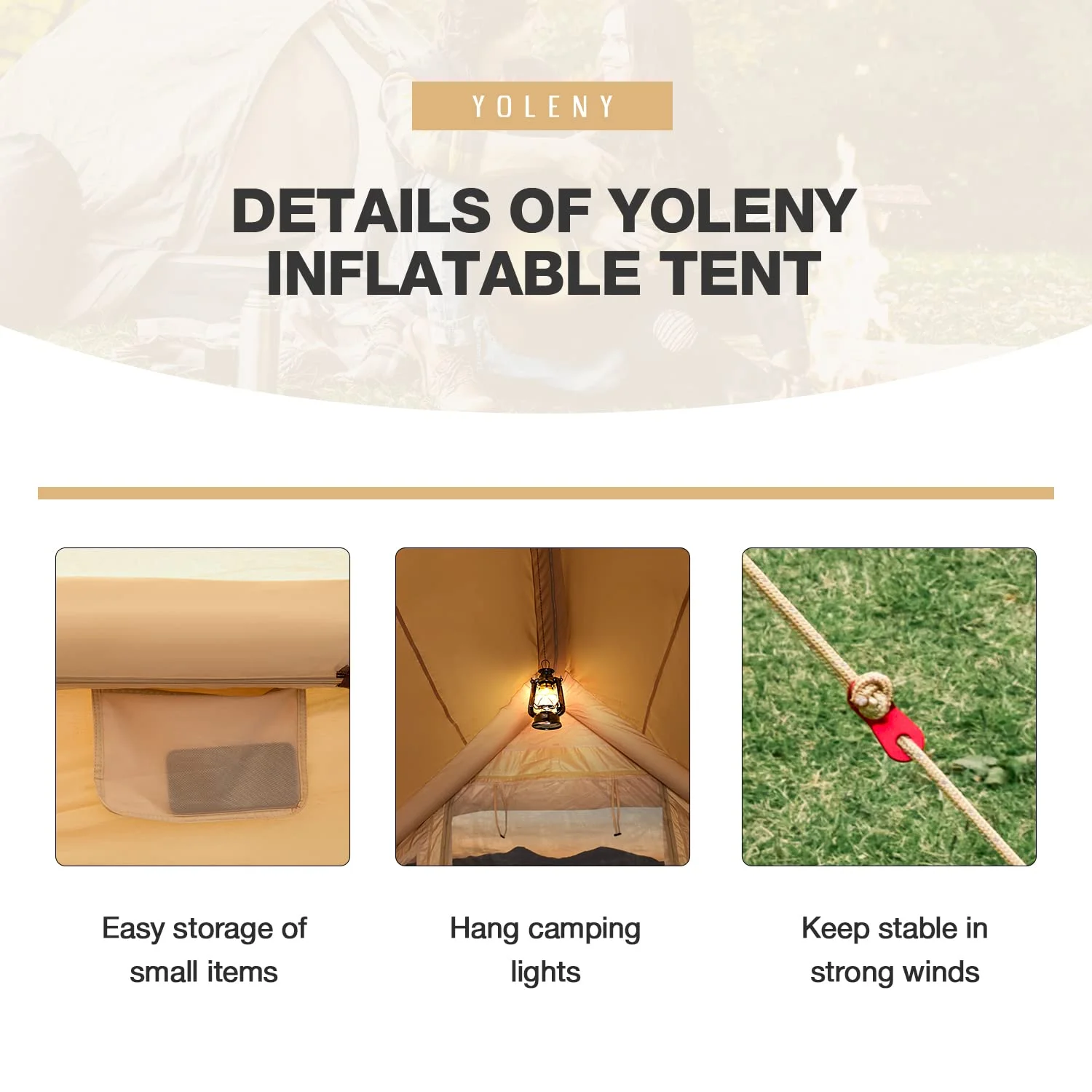 Yoleny 12'x8' Inflatable Tent, 96 SFT Blow Up Tent for Camping, 4 Season Oxford Glamping Tents with Clear Skylight, Pump & Stove Jack - Image 31