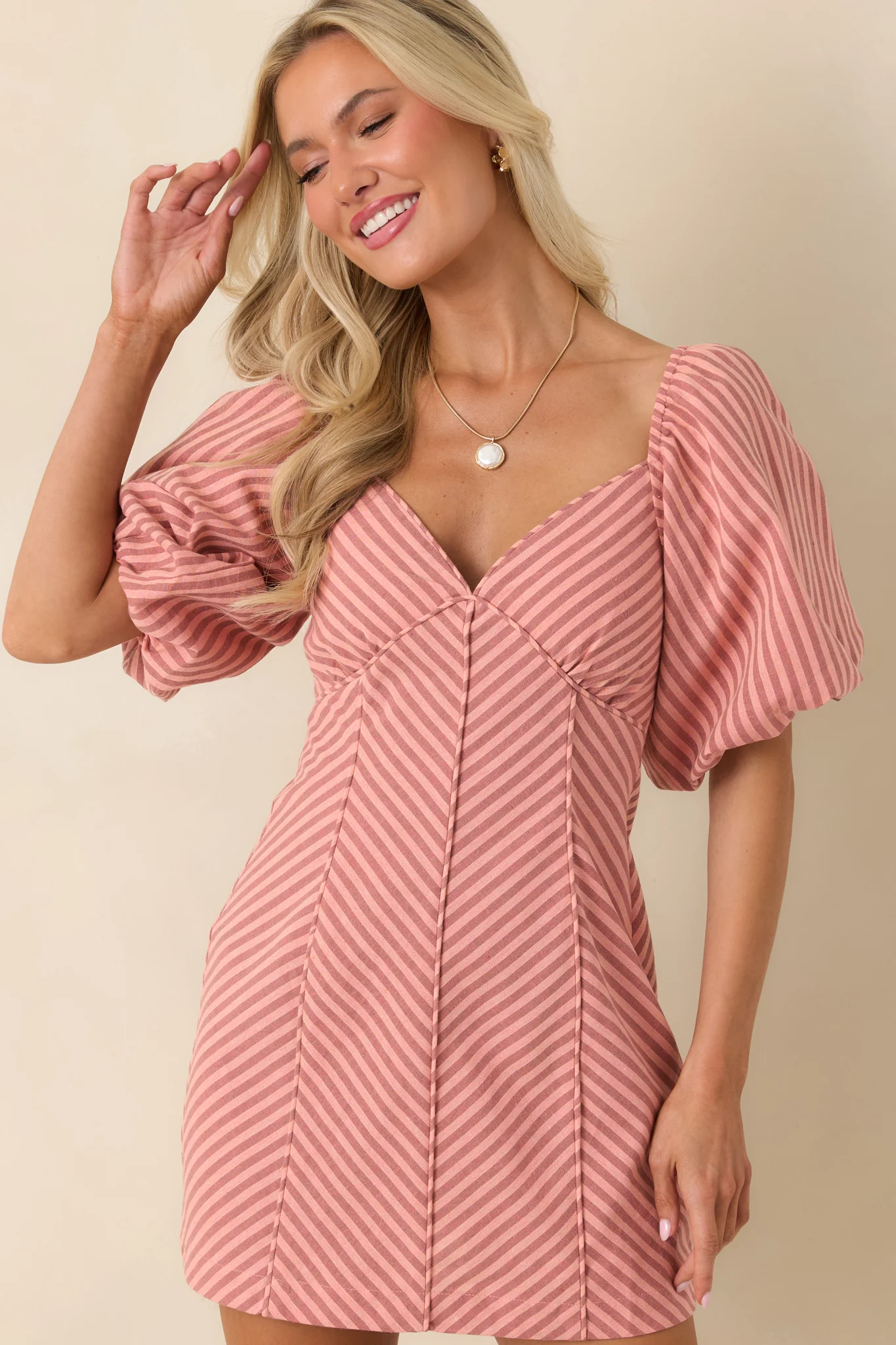 MINKPINK Paloma Coral Pink Stripe Cotton Linen Mini Dress