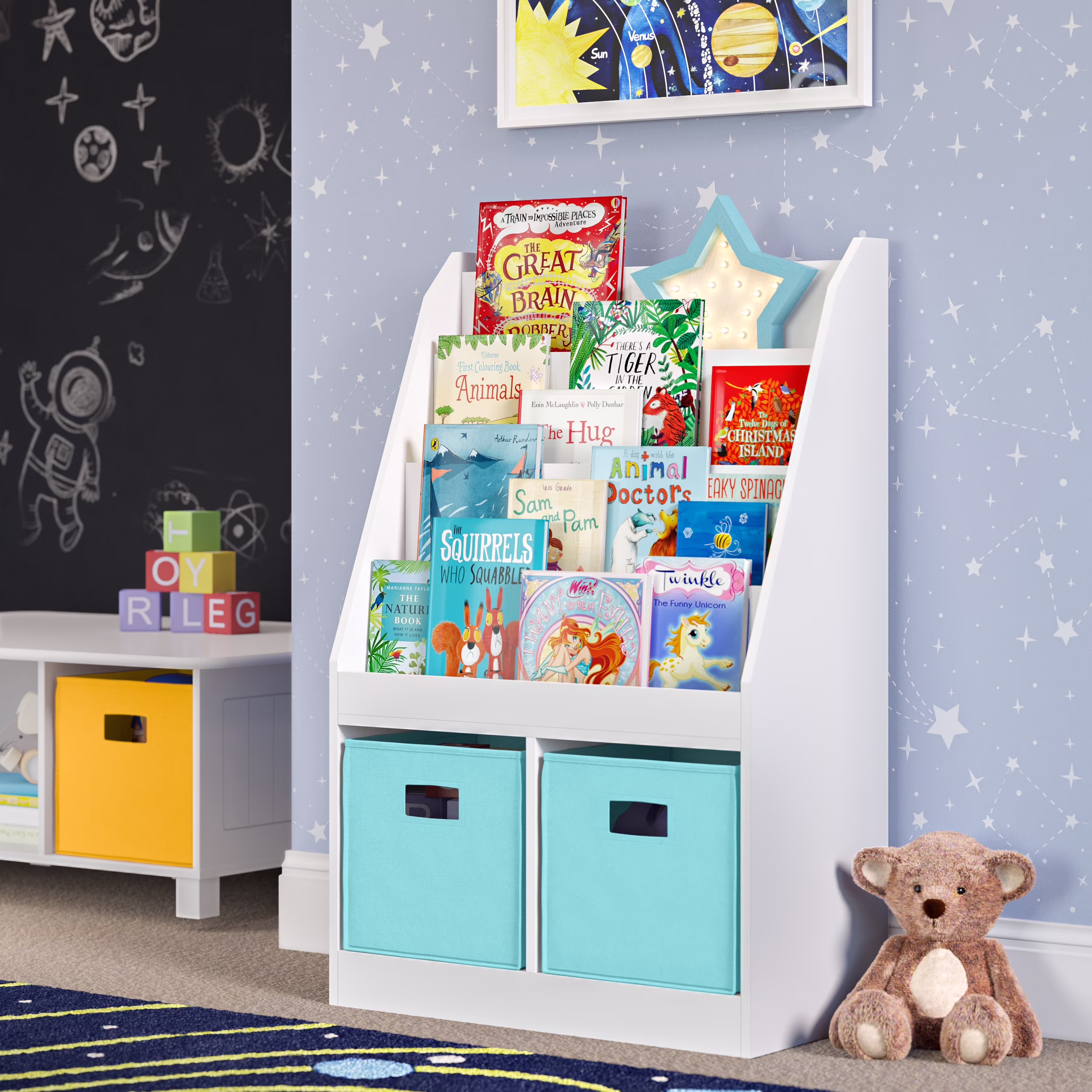RiverRidge Kid Bookshelf Toy Storage Organizer with 4 Bookracks 2 Cubbies and 2 Gray Bins - Image 7