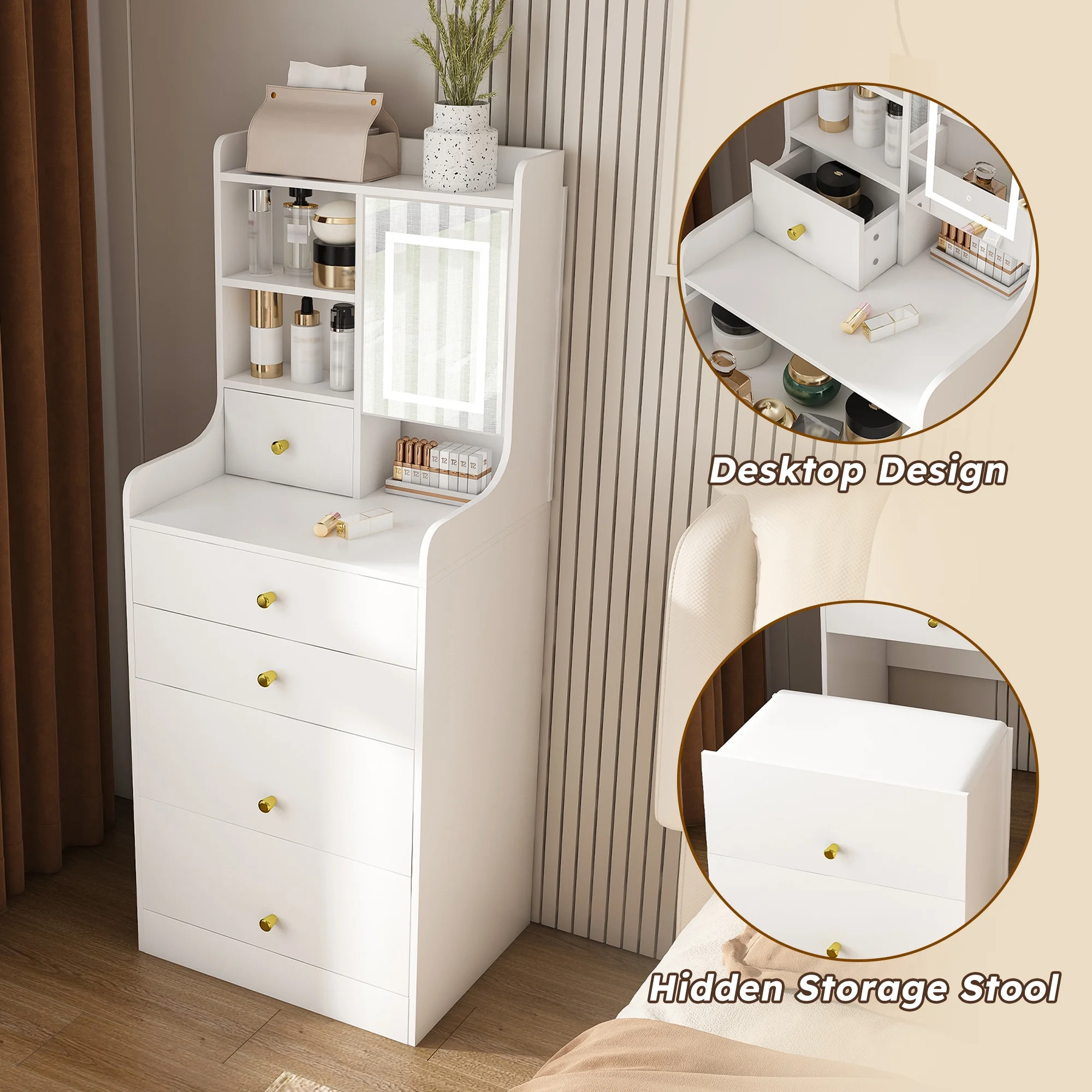 Montary Modern Mini Vanity w/Adjustable LED Mirror + Hidden Storage, Padded Stool & Dustproof Shelves (White) - Image 51