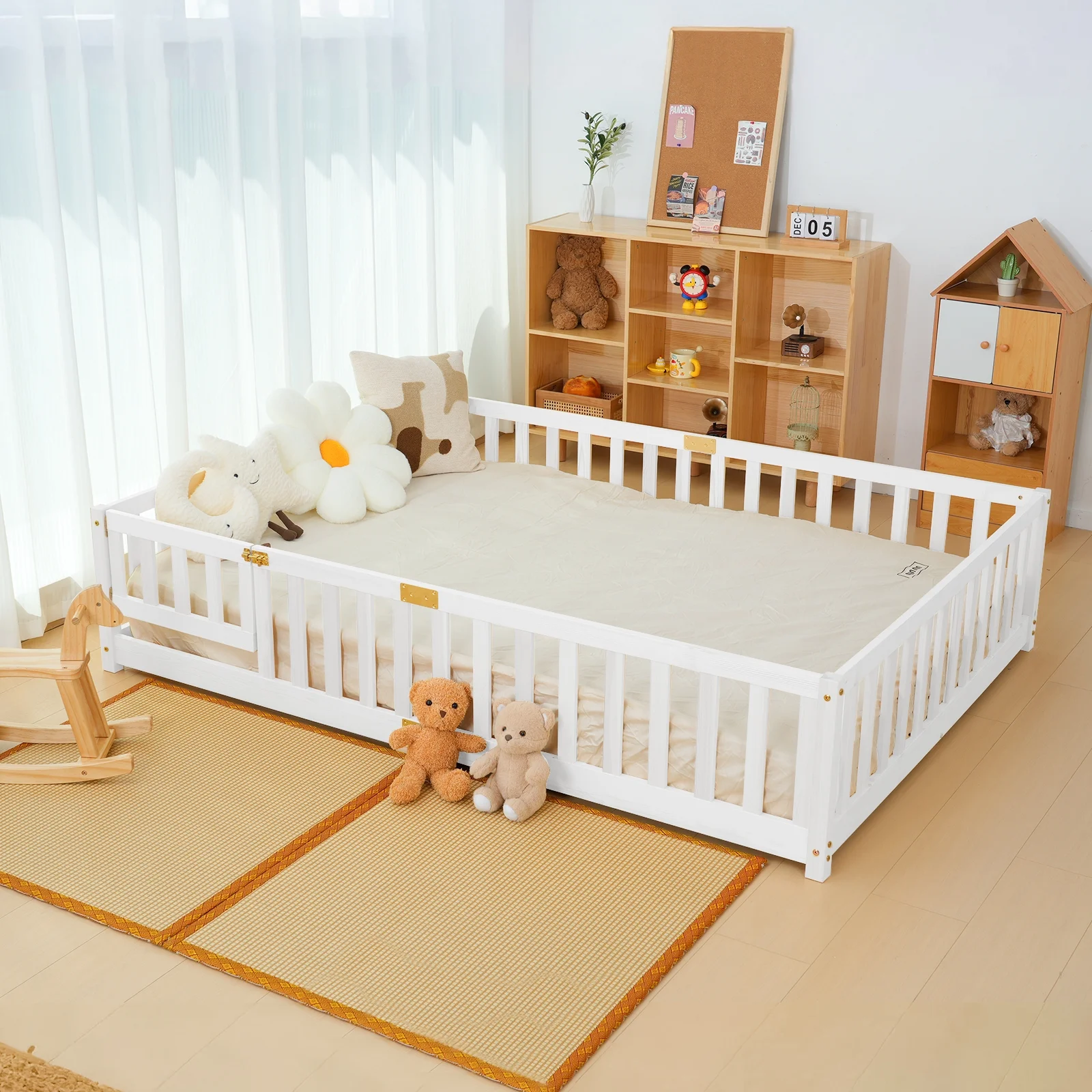 Slsy Twin Size Toddler Floor Bed, Solid Wood Montessori Bed Frame with Fence & Door Montessori Floor Bed Crib with Safety Guardrails for Girls and Boys - Image 19