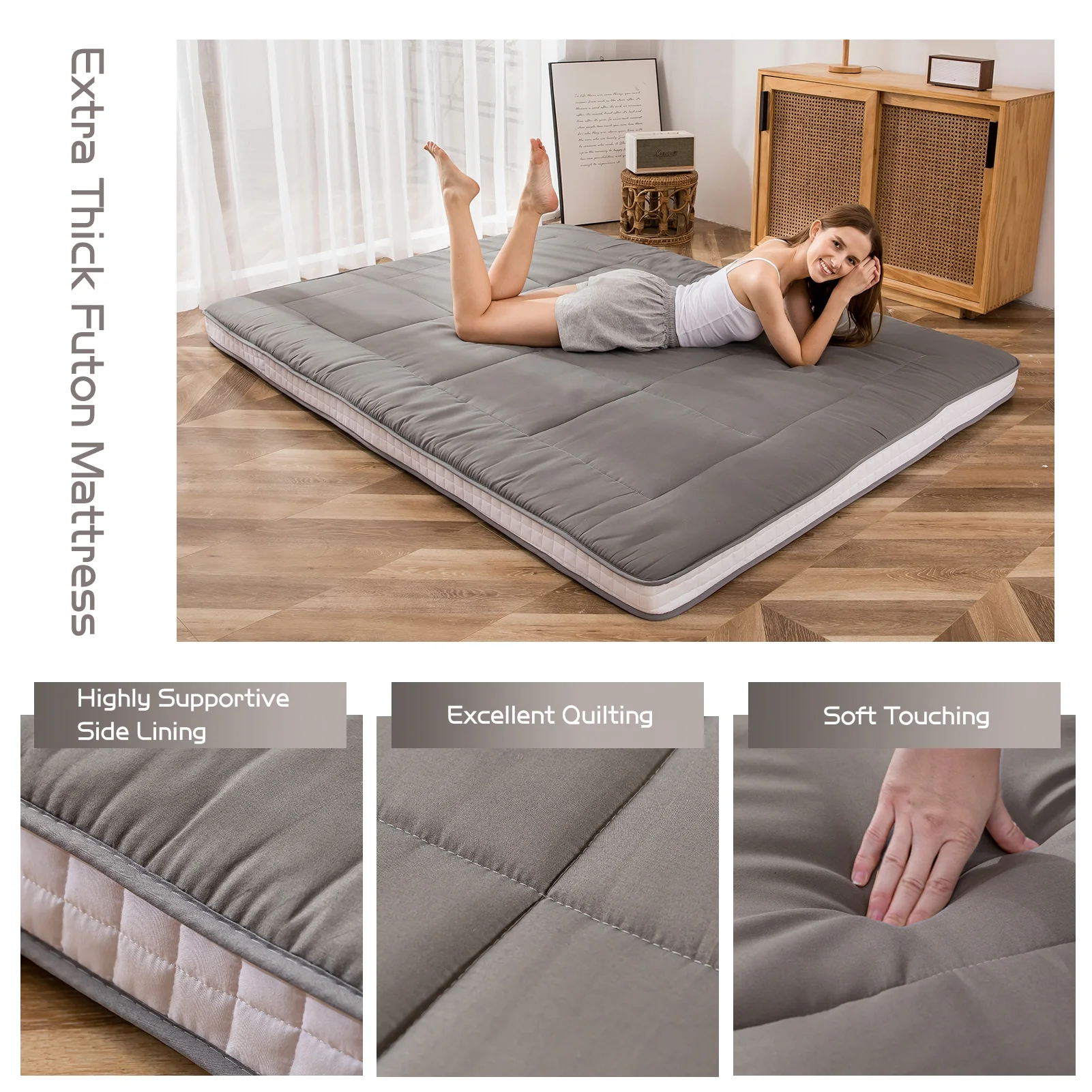 Futon Mattress, Padded Japanese Floor Mattress Quilted Bed Mattress Topper, Extra Thick Folding Sleeping Pad, Dark Grey, Twin - Image 4