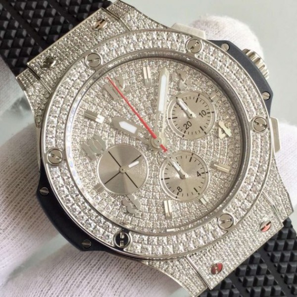 Replica Hublot Big Bang Full Pave Chrono Diamonds Dial Black Rubber Strap A7750 - Top club