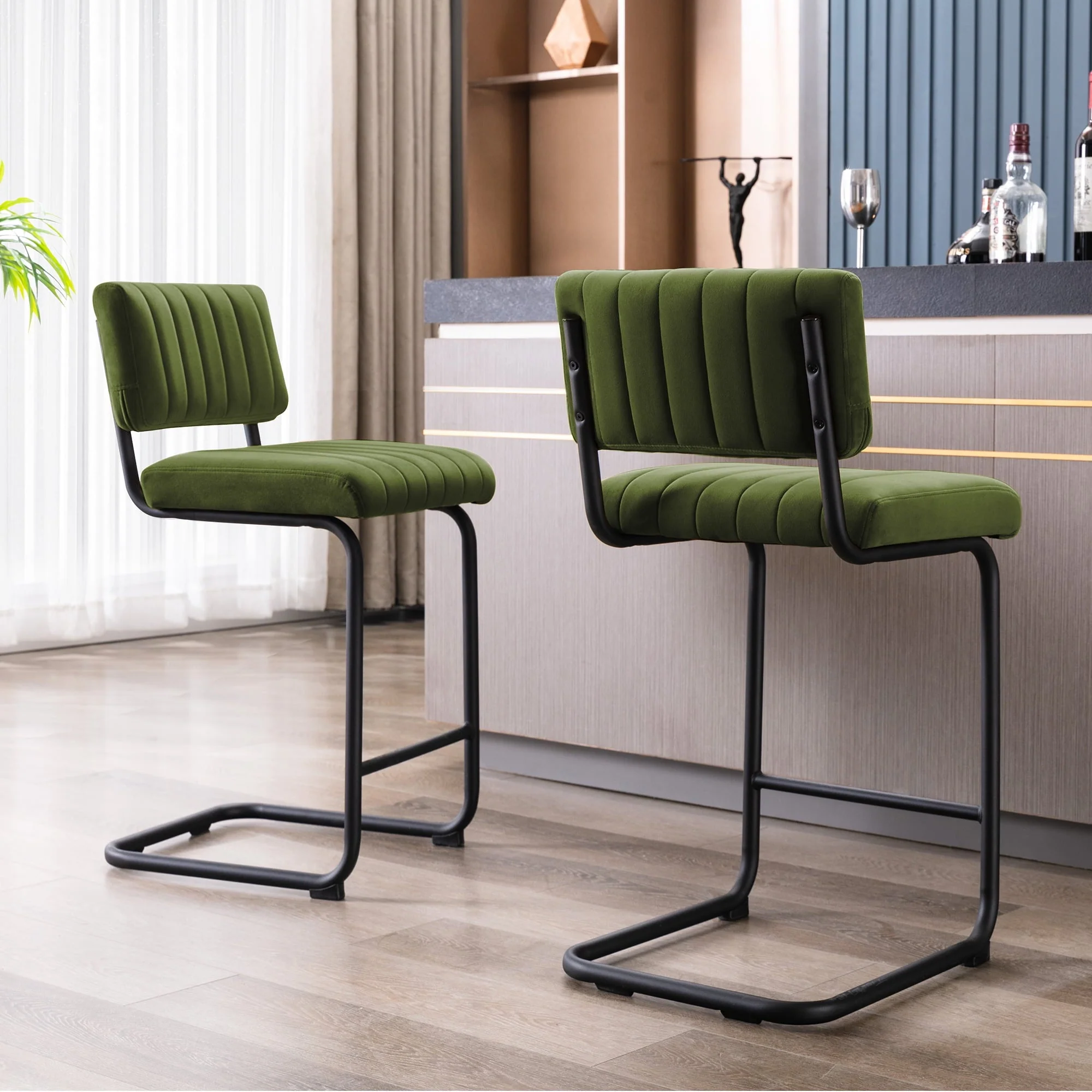 Zesthouse 24" Velvet Counter Stools Set of 2, Modern Counter Height Bar Stools with Back and Black Metal Base, Green