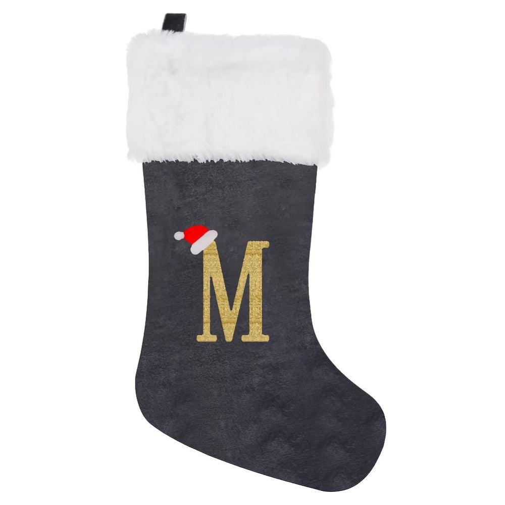 Gepersonaliseerde Fluwelen Kerstsok met Monogram – Modern Grijs Ontwerp