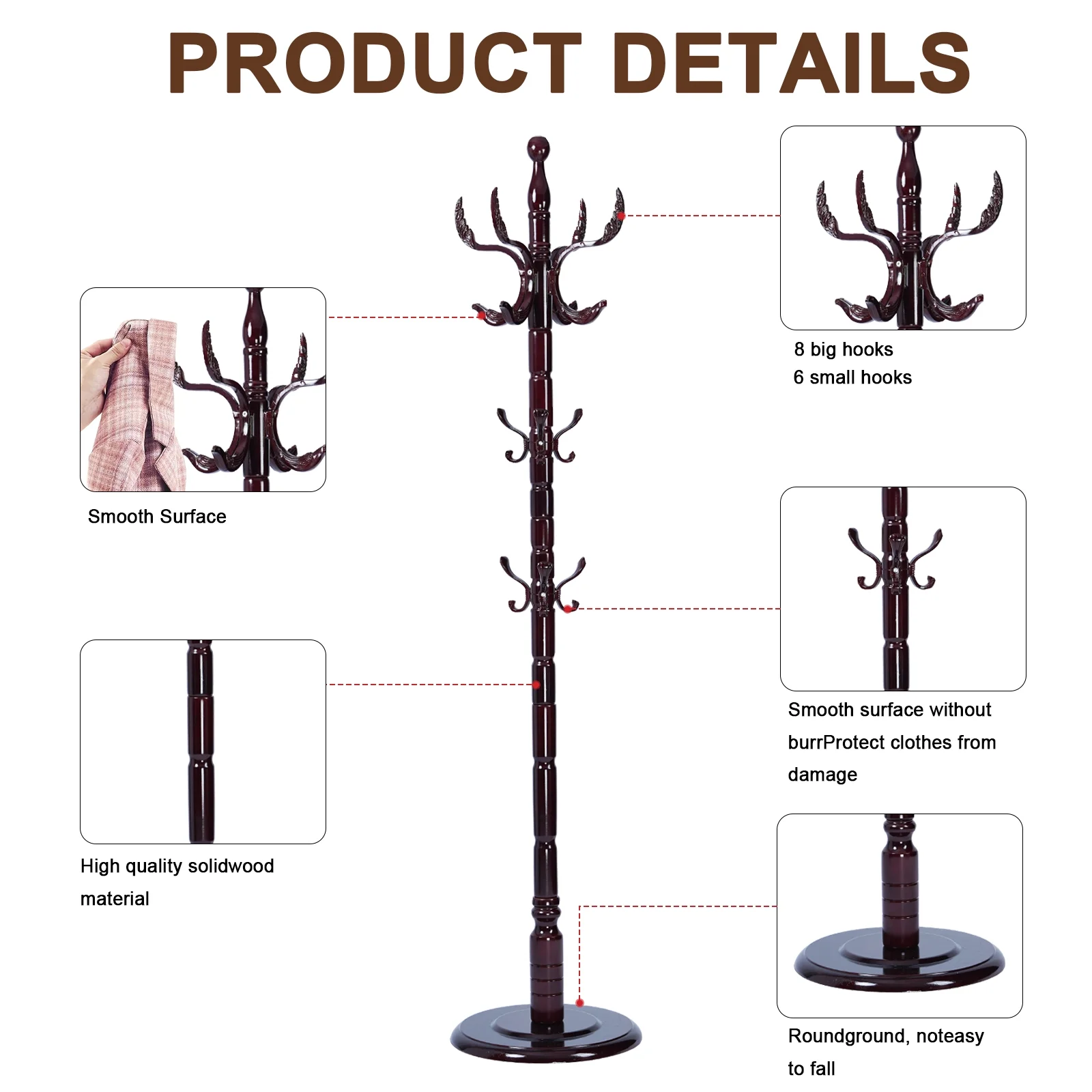 Coat Rack Freestanding, Hall Tree with 11 Hooks, Heavy Duty Wooden Coat Tree Stand, Adjustable Height, Sturdy Base for Bedroom Hallway Office - Load 270lbs - Image 20