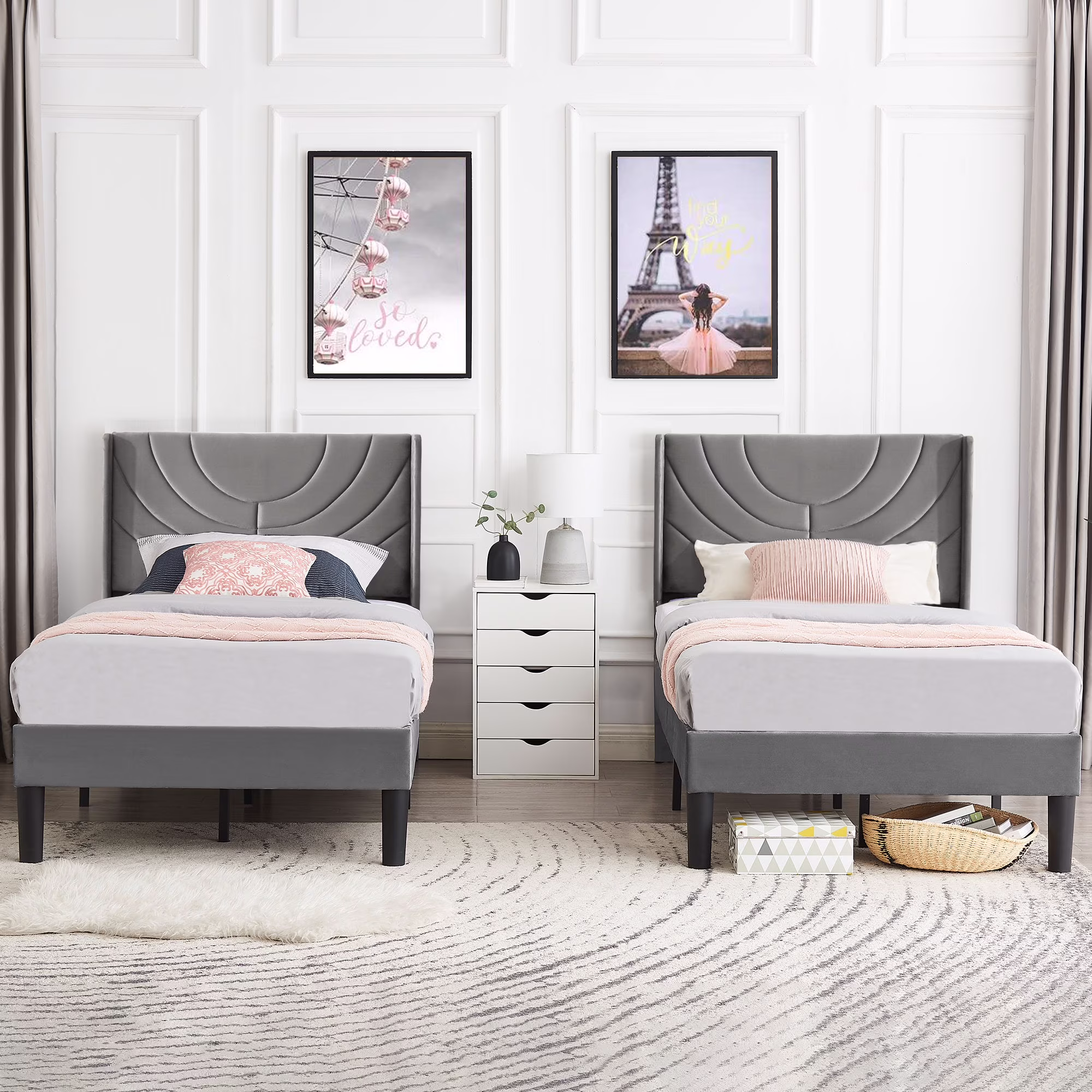 VECELO Set of 2 Twin Bed Frames, Modern Upholstered Platform Bed Frame with Tufted Headboard, No Box Spring Needed, Dark Green - Image 3