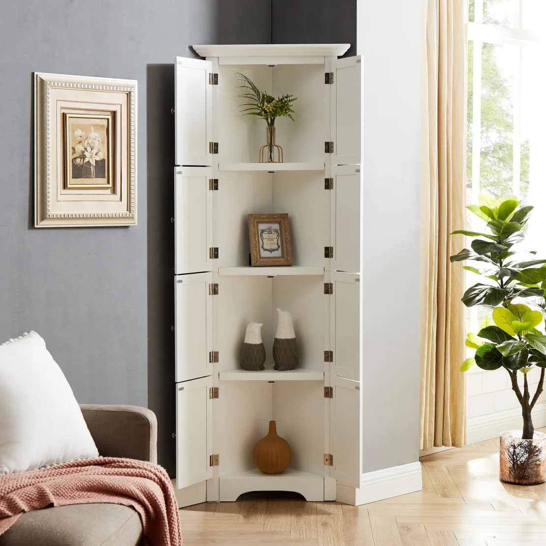 Freestanding Tall Storage Cabinet with 4 Doors and 4 Shelves, Large Bathroom Cabinet,  Freestanding Kitchen Pantry Cabinet for Living Room, Kitchen, Dining Room, Office