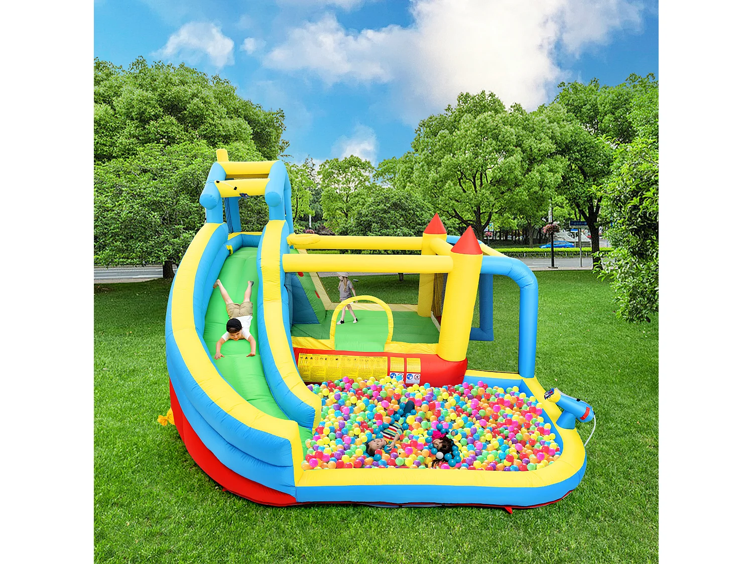 Château gonflable enfant 5-en-1 avec toboggan et piscine - Tissu Oxford bleu 364x315x239 cm