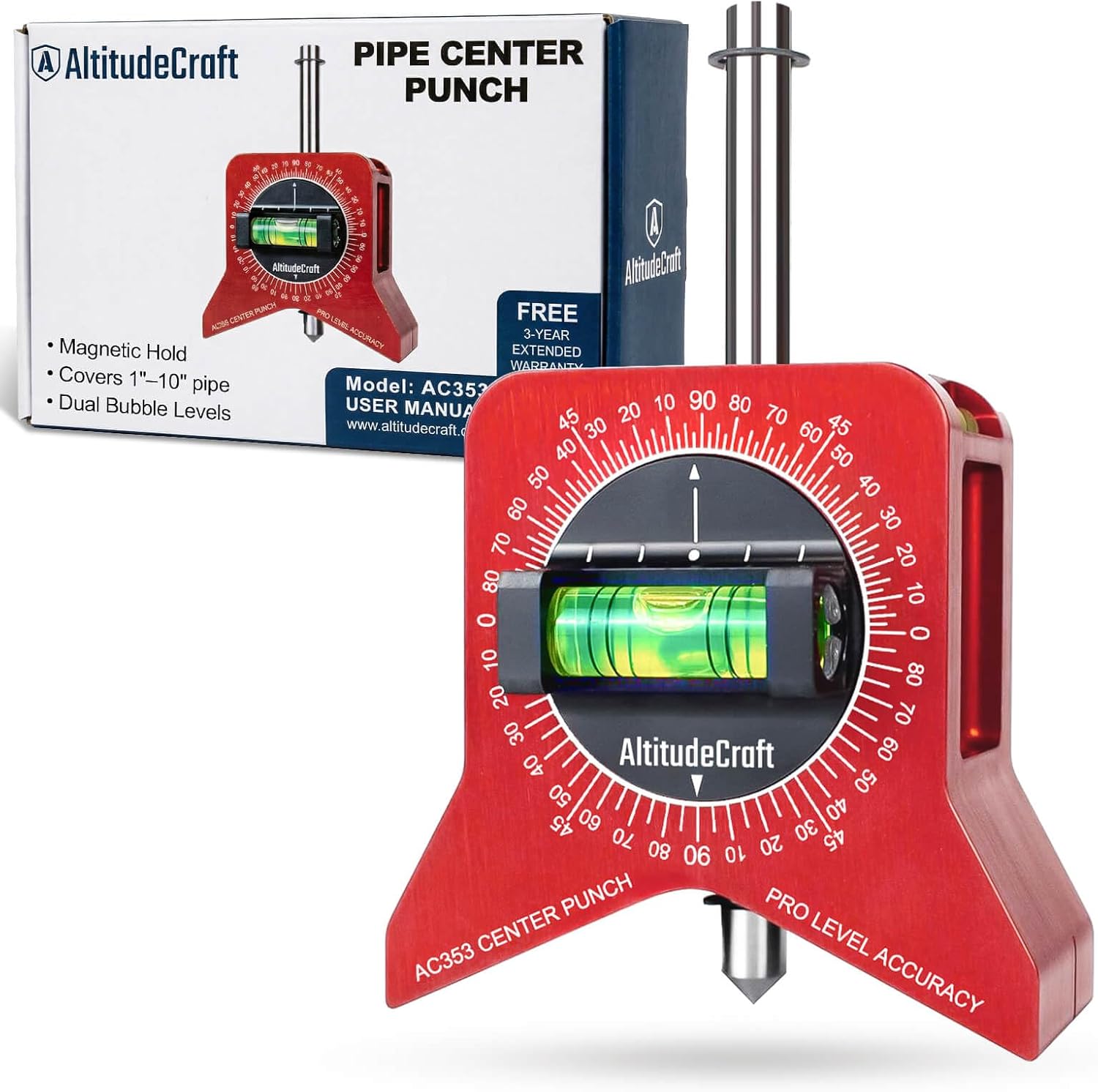 Magnetic Pipe Center Finder Punch Tool, 1–10 Inch Fitter Layout Equipment with Bubble Levels and 360 Degree Dial for Accurate Marking