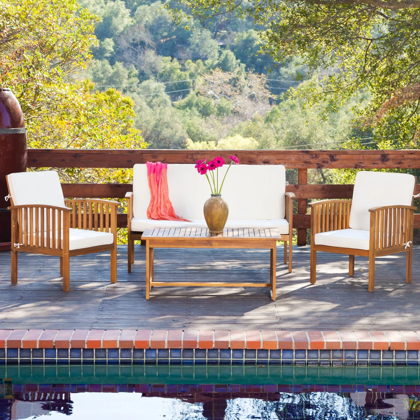 4 Pieces Patio Furniture Set, Balcony Bistro Set, Wood Outdoor Seating Set with Water Resistant Cushions and Coffee Table for Pool Beach Backyard Balcony Garden, Brown