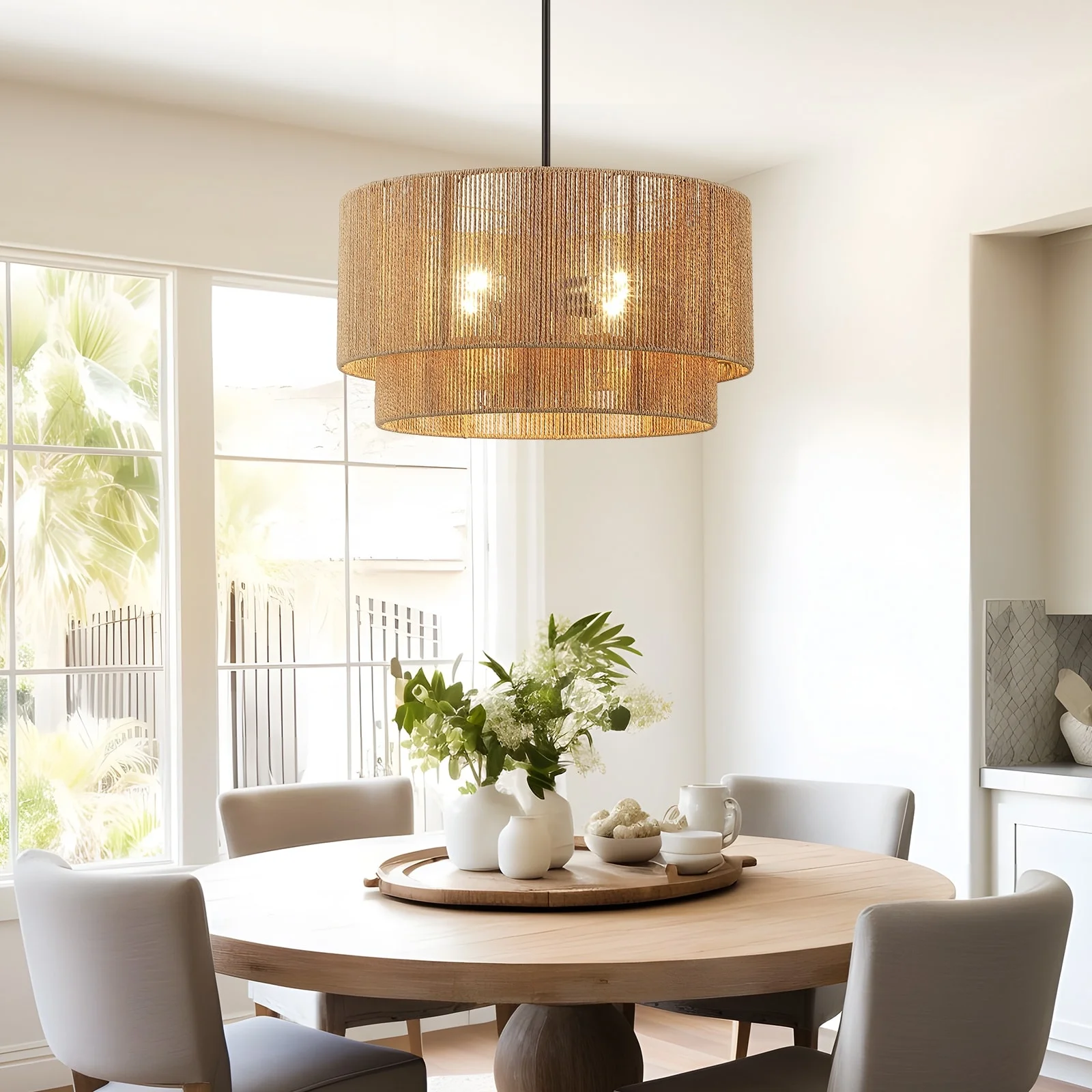 TRUE FINE Cynthia 4-Light 2-Tier Natural Rattan Electric Drum Chandelier