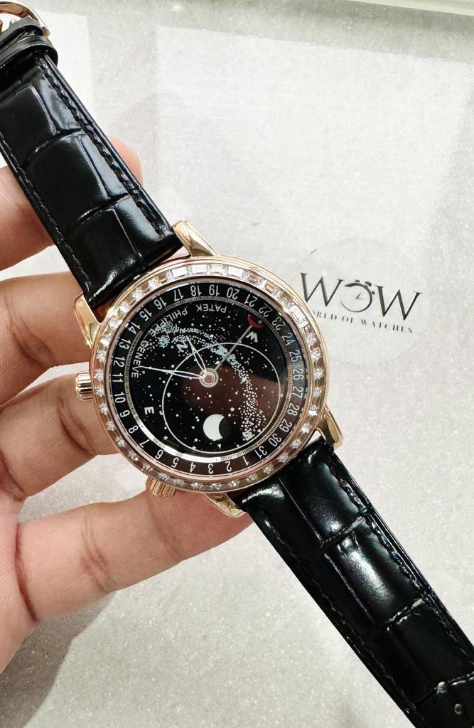 Replica PATEK PHILIPPE 6104P Moon RG Black Dial Diamond Bezel on Black Leather Strap A240 V2 - Top club
