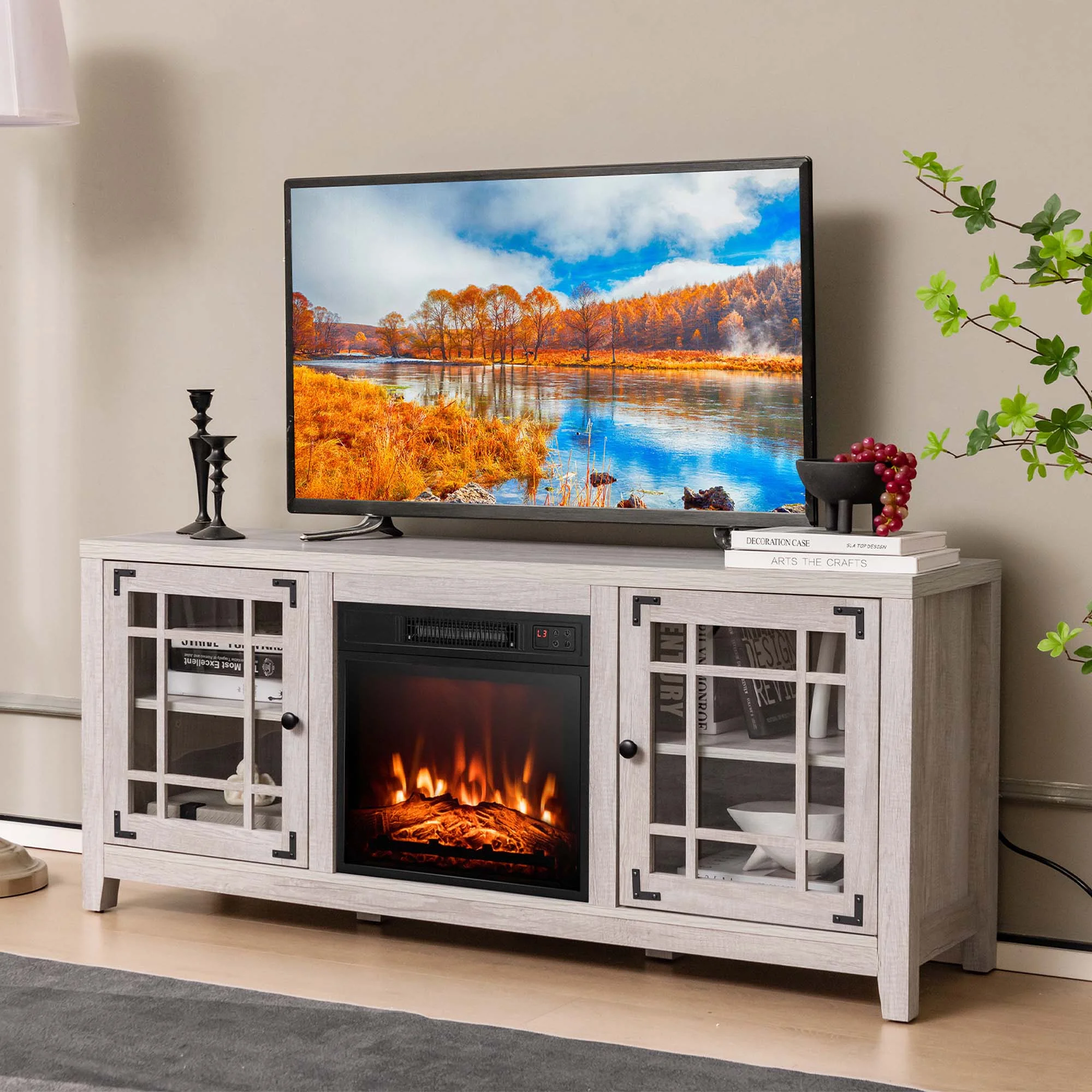 Costway 58 Inches Fireplace TV Stand for TVs up to 65 Inches with 1400W Electric Fireplace Natural
