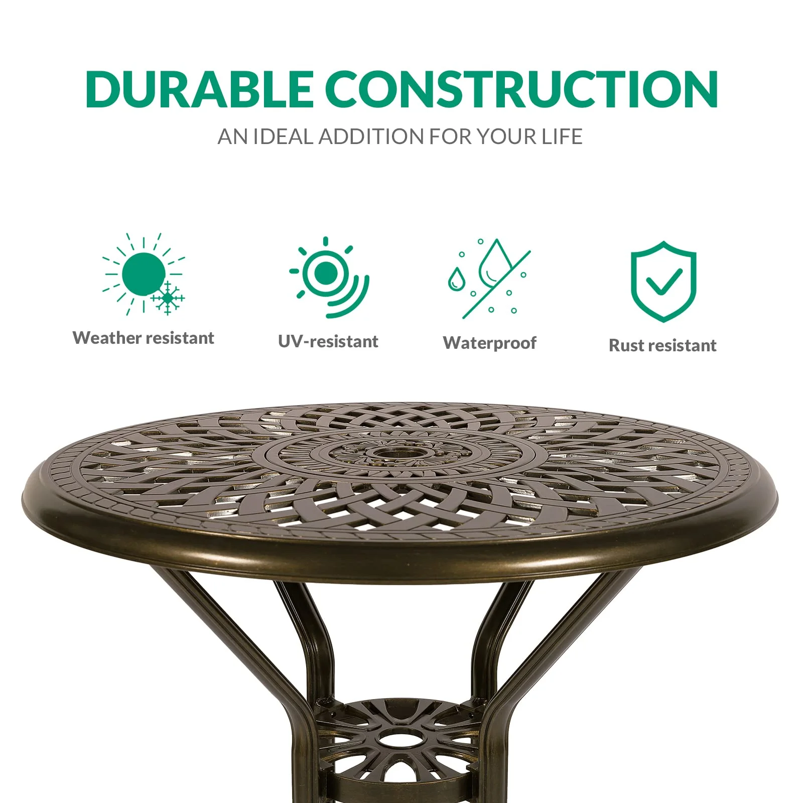 VIVIJASON 30.8" Round Cast Aluminum Patio Bar Table with Umbrella Hole, Antique Bronze - Image 8