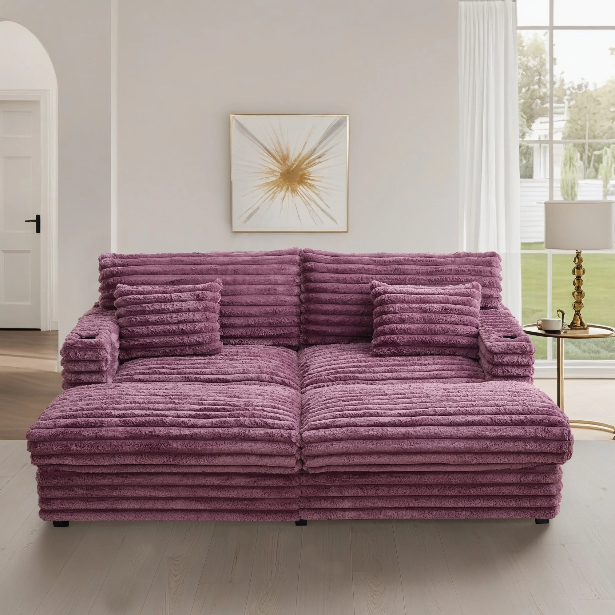 Oversized Double Chaise Lounge, Faux Fur Upholstered Deep Seat Sofa with 2 Pillows, 2 Cupholders, and Dual USB Ports - Image 17