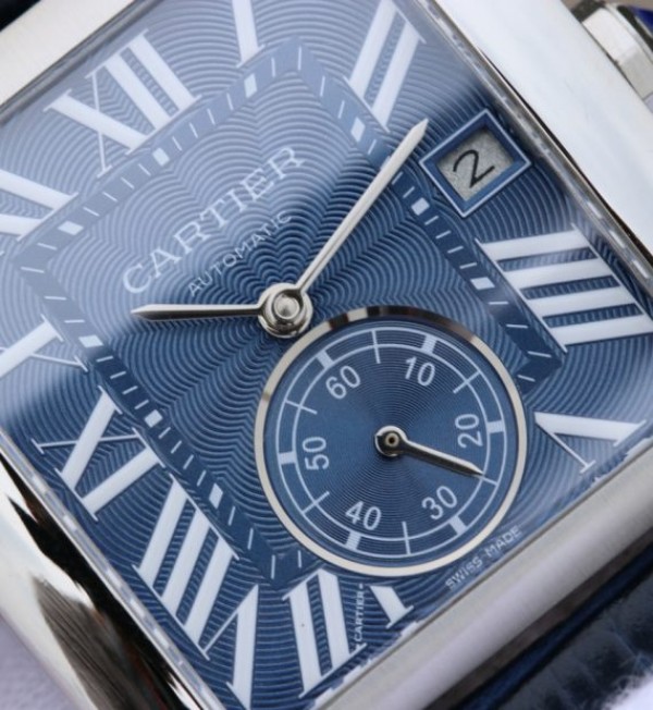 Replica Cartier Tank MC SS Blue Textured Dial Blue Leather Strap - Elite Watch Atelier