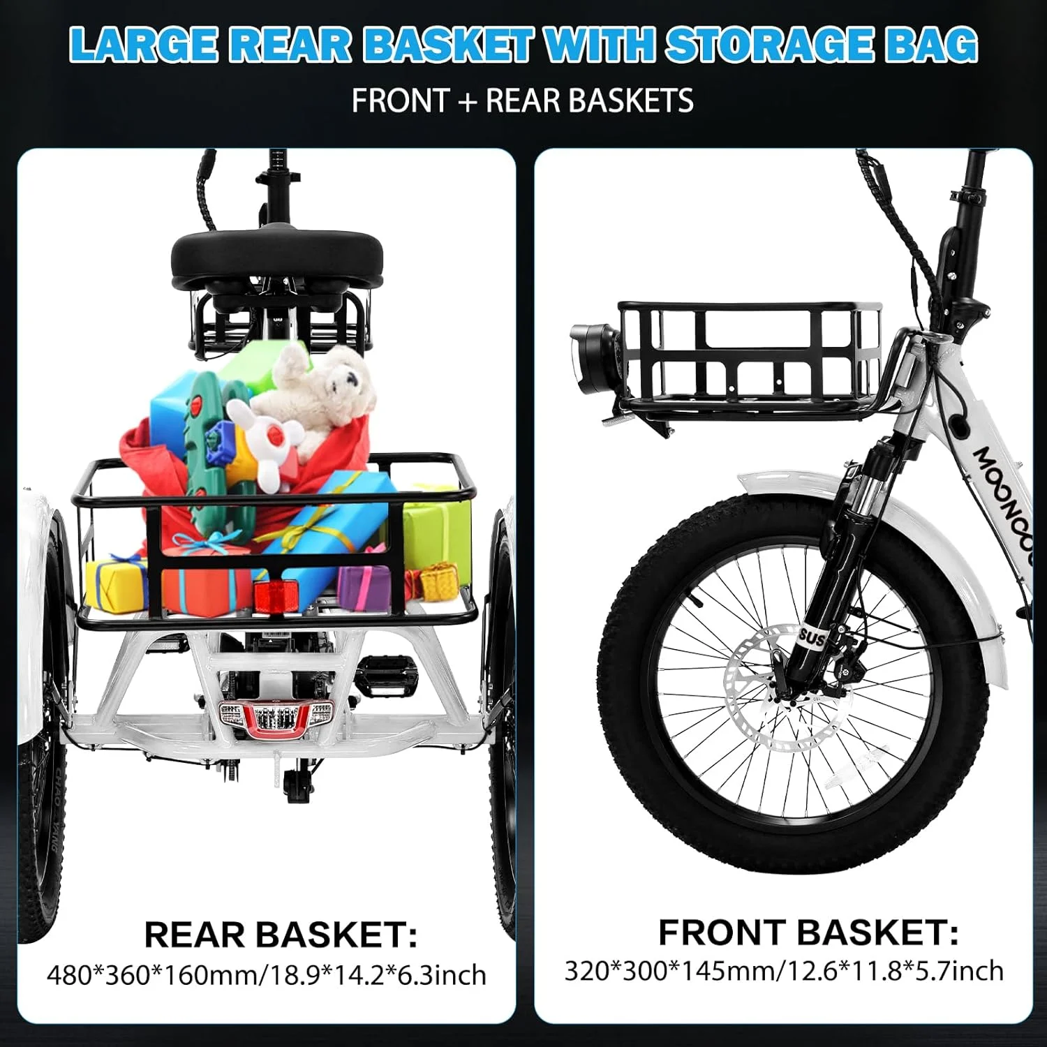 MOONCOOL TK1 Folding Electric Tricycle for Adults,48V 14.5Ah Removable battery, 500W(Peak 1000w)Motor, 20" Fat Tire Step-Thru 3Wheel Electric Bicycle w/Front&Rear Baskets, Certified to UL 2849 by SGS - Image 49