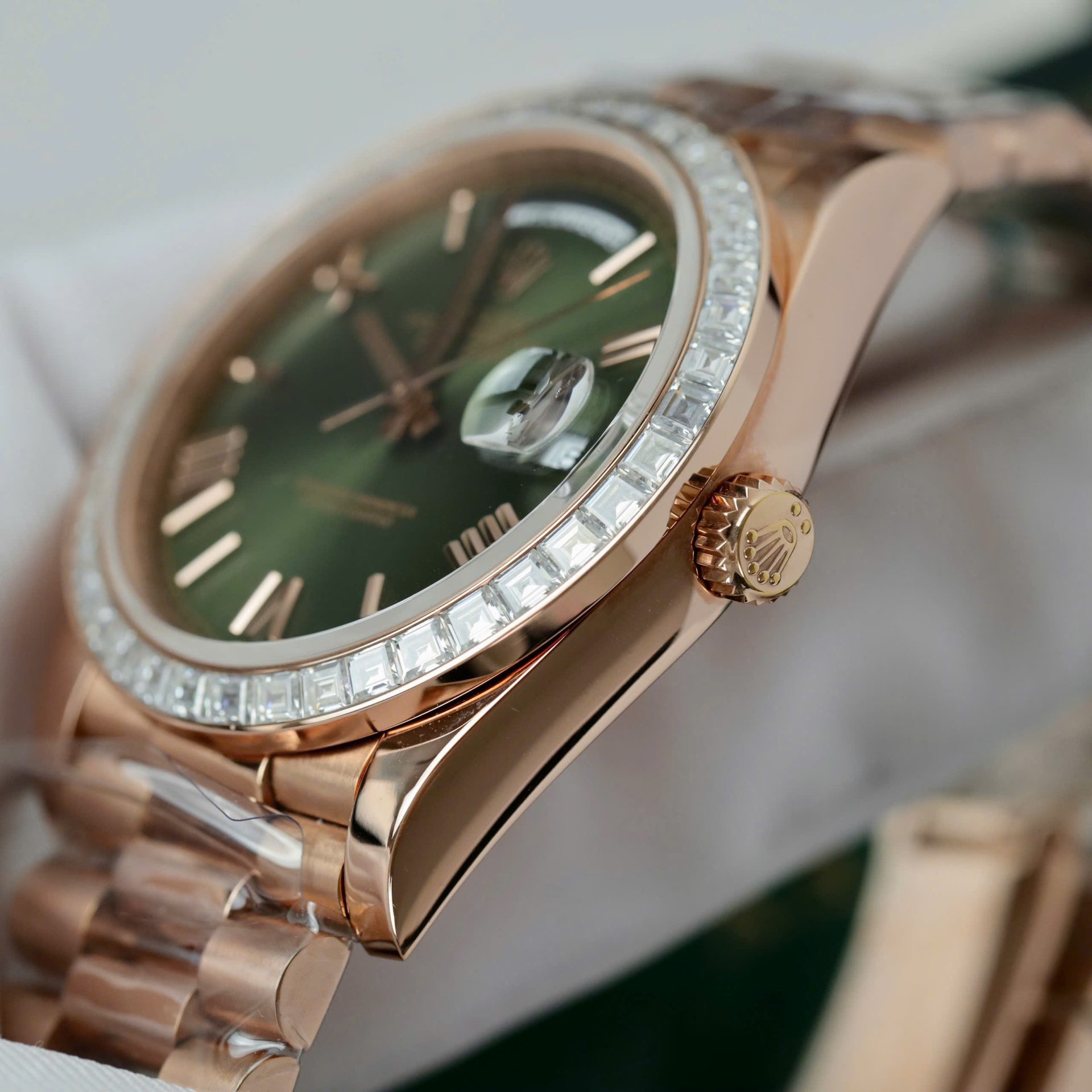 Rolex Day-Date Geen Dial Copies Watches Gold Wrapped + Diamonds Moissanite Baguette 40mm - Elite Watch Atelier