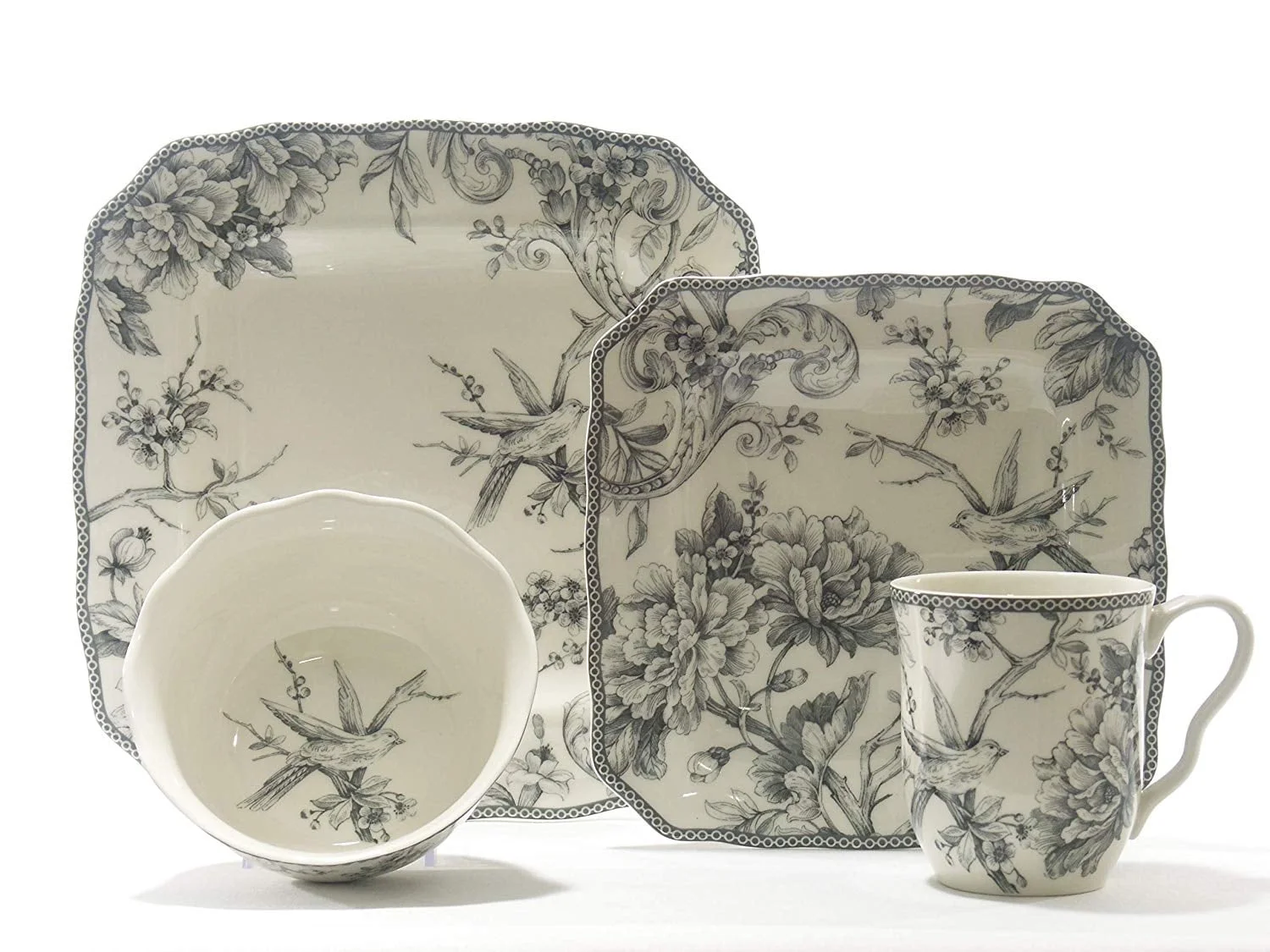222 Fifth Adelaide Round 16-Piece Porcelain Dinnerware Set, Black Toile - Image 23