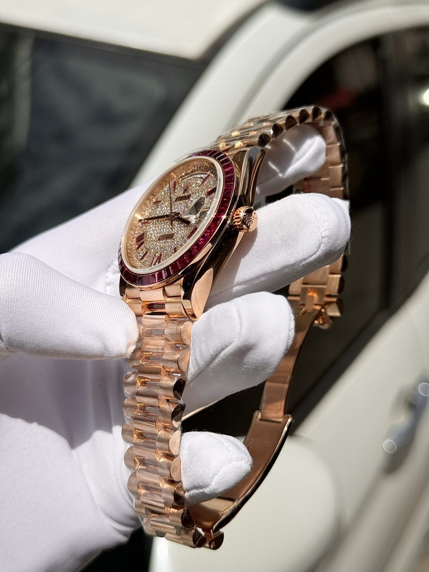 Rolex Best Replica Watch Day-Date Custom Ruby Red   Baguette Moissanite Diamonds GM Factory 40mm - Elite Watch Atelier