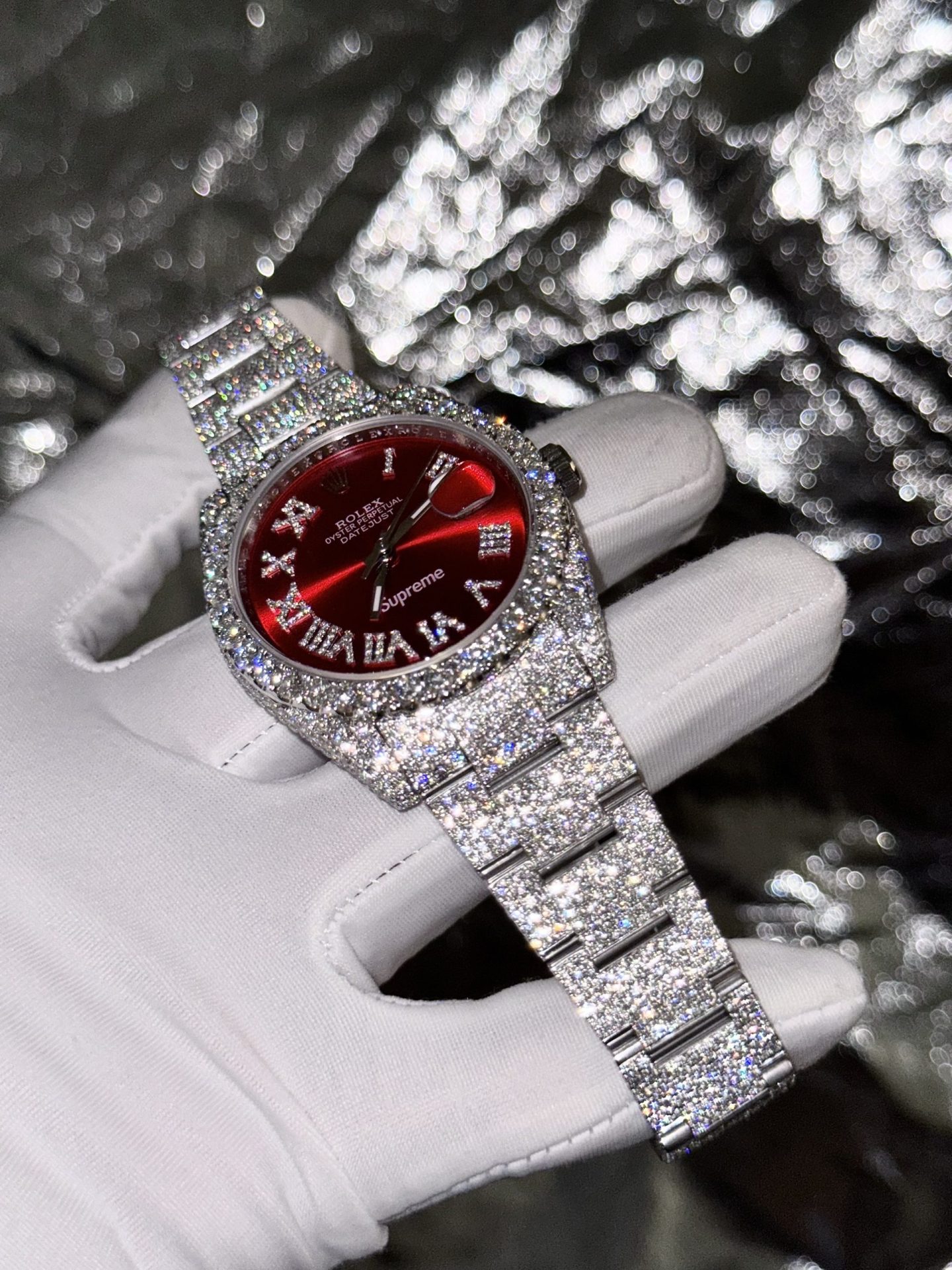 Rolex Best Replica Watch DateJust Supreme Custom Moissanite Diamonds Red Dial 41mm - Elite Watch Atelier