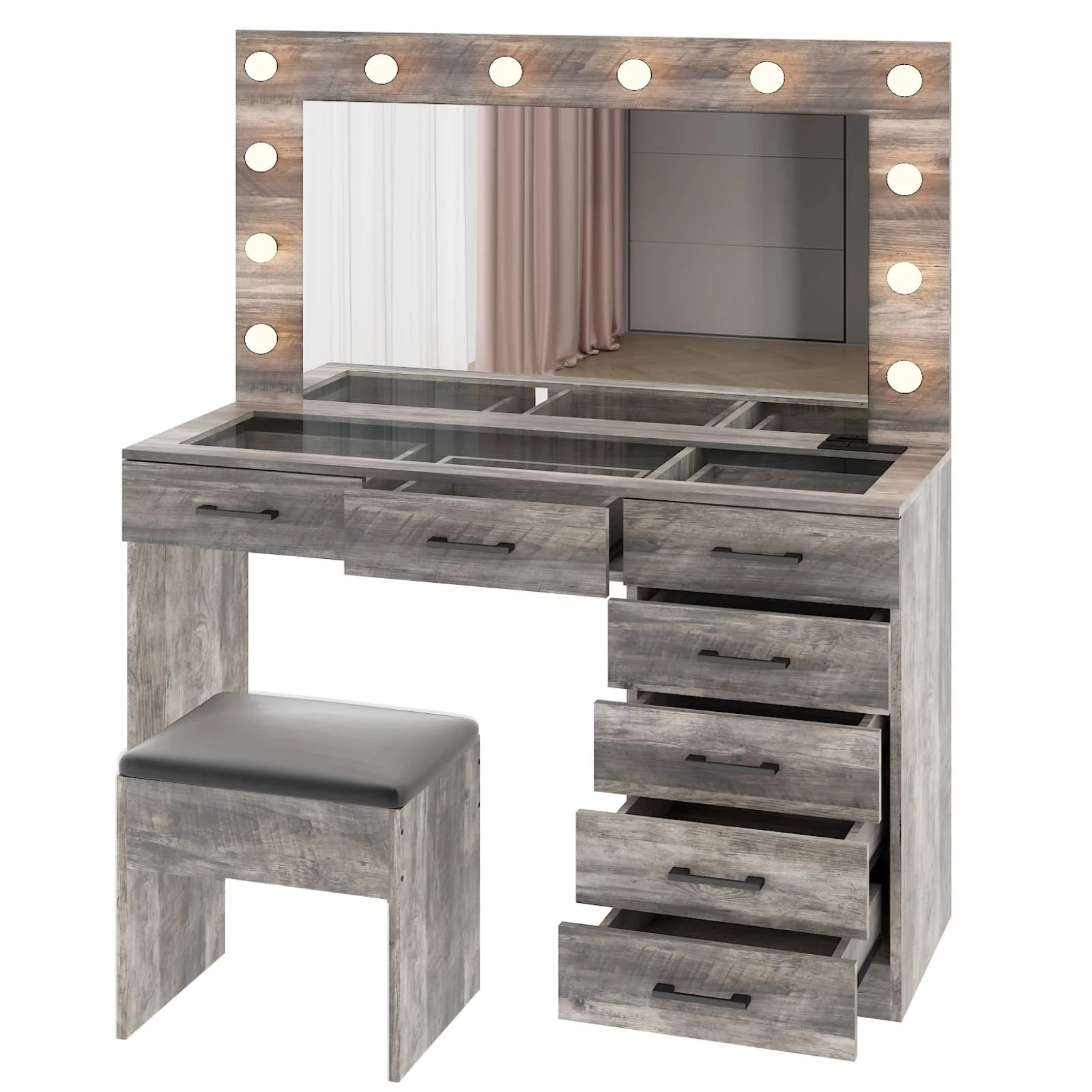 Ktaxon Large Makeup Vanity, Vanity Table Set w/ Visible Glass Top w/ Charging Station, White - Image 79