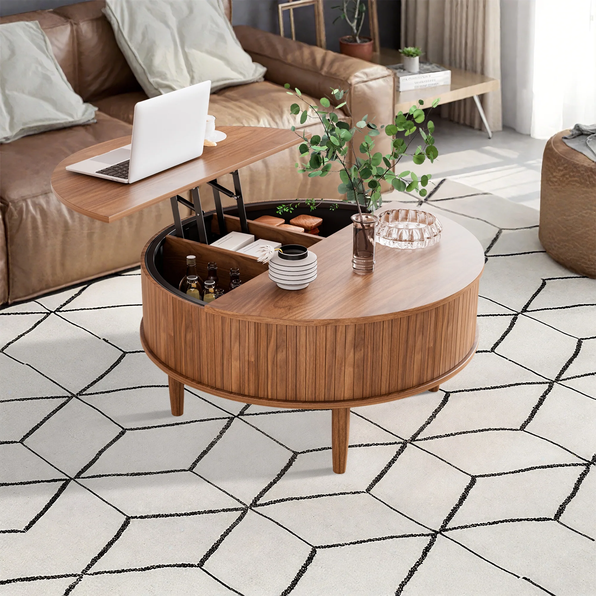 Oubayajia Round Coffee Table, Small Fluted Lift Top Center Table for Home Living Room Office, Walnut - Image 4