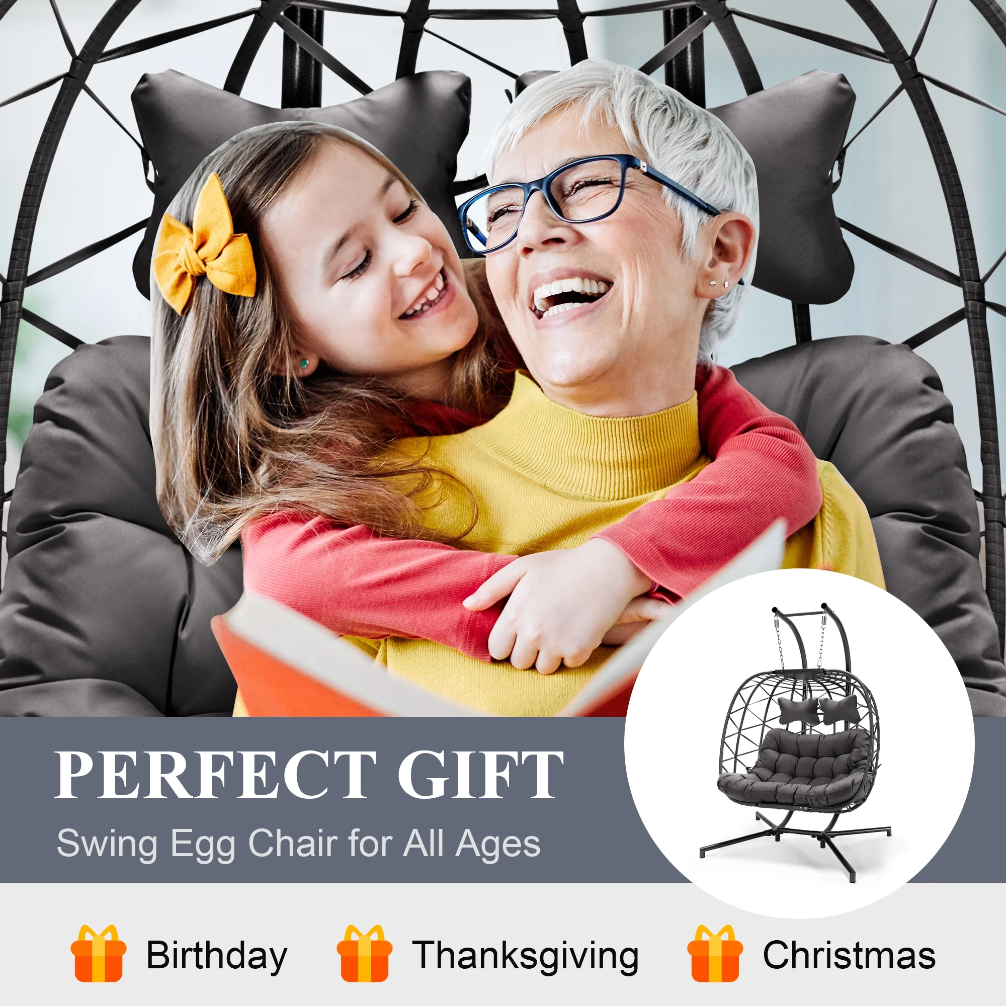 RADIATA Double Wicker Egg Swing Chair with Stand, 2-Person Hanging Egg Chair for Indoor/Outdoor, 700lbs Capacity, Thick Cushions & Headrest,Sturdy Metal Frame��Dark Gray - Image 2