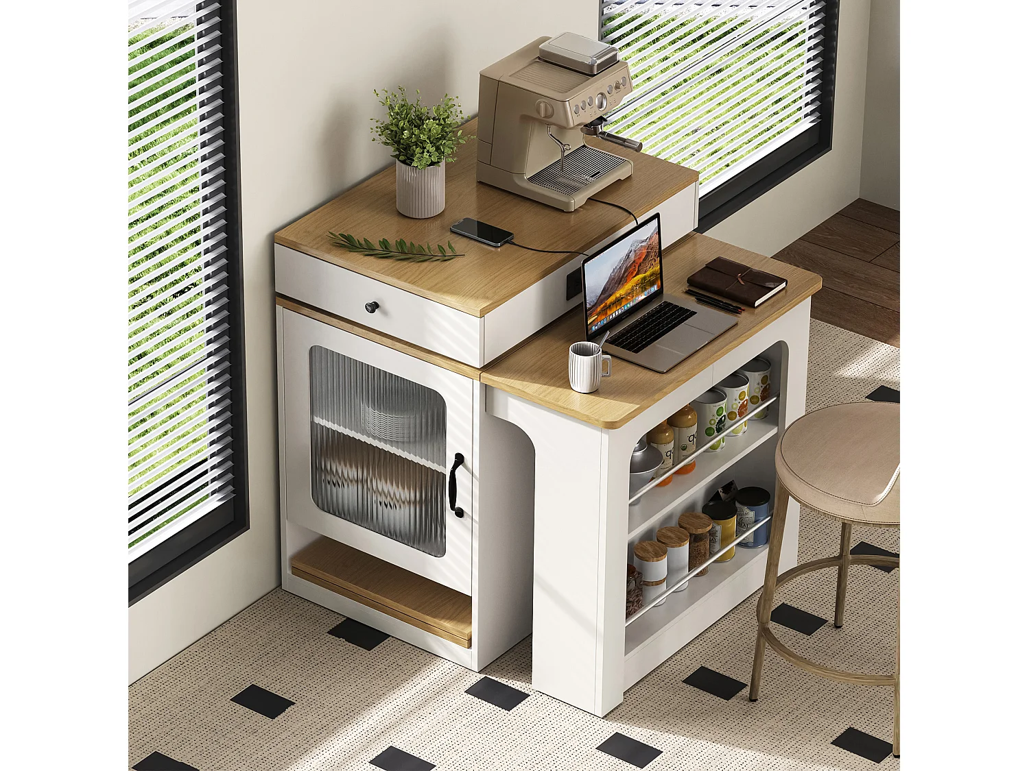 Îlot central de cuisine sur roulettes, prises , porte et 2 tiroirs - table extensible- Blanc et naturel