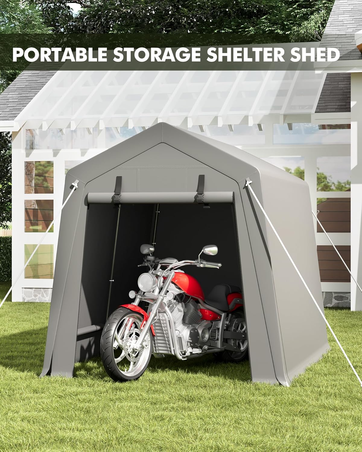 GarveeLife 7 x 10 ft Carport Storage Shed, Portable Garage with Roll-up Zipper Door, Heavy Duty Waterproof Tarp, Storage for Motorcycle, Bike, Firewood, Garden Tools