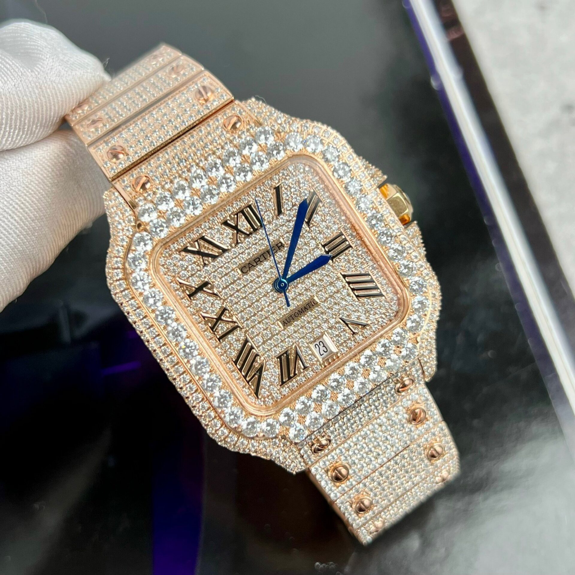 Cartier Santos Men s Full Diamond Replica Watch Highest Quality 39.8mm - Elite Watch Atelier