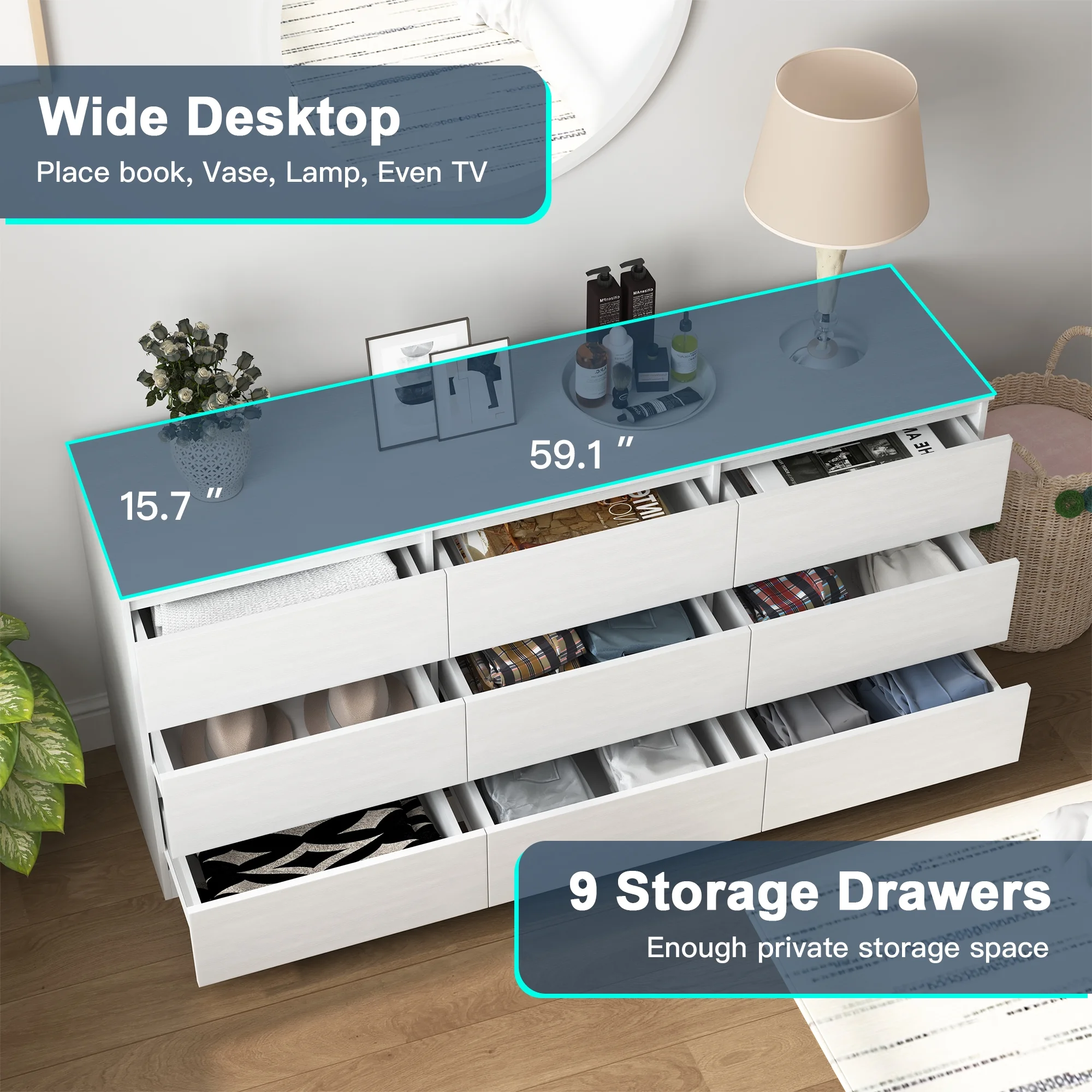 Kadyn White Chest of Drawer, 6 Double Drawer Dresser for Bedroom, Modern Storage Cabinet for Living Room, Dresser - Image 91