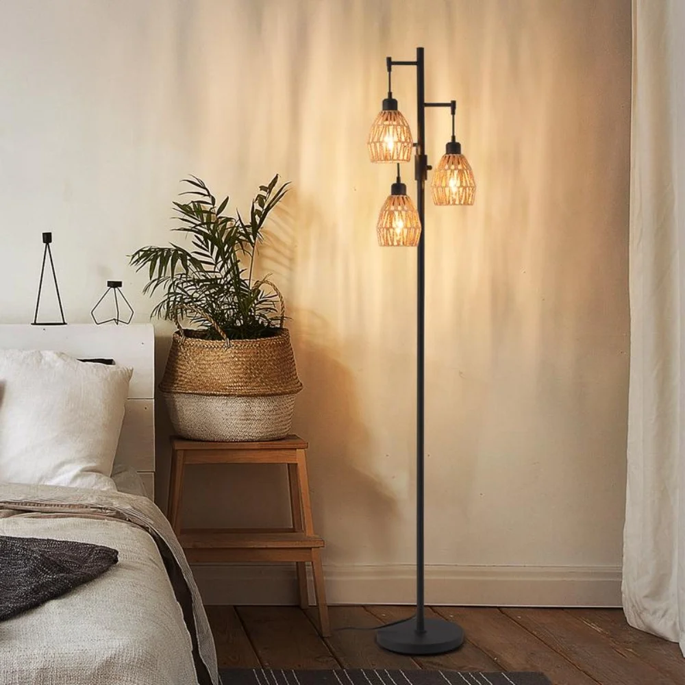 Farmhouse Floor Lamps for Living Room, 3 x 900LM LED Bulbs Included,Industrial Standing Lamp with Boho Rattan Shades, 70