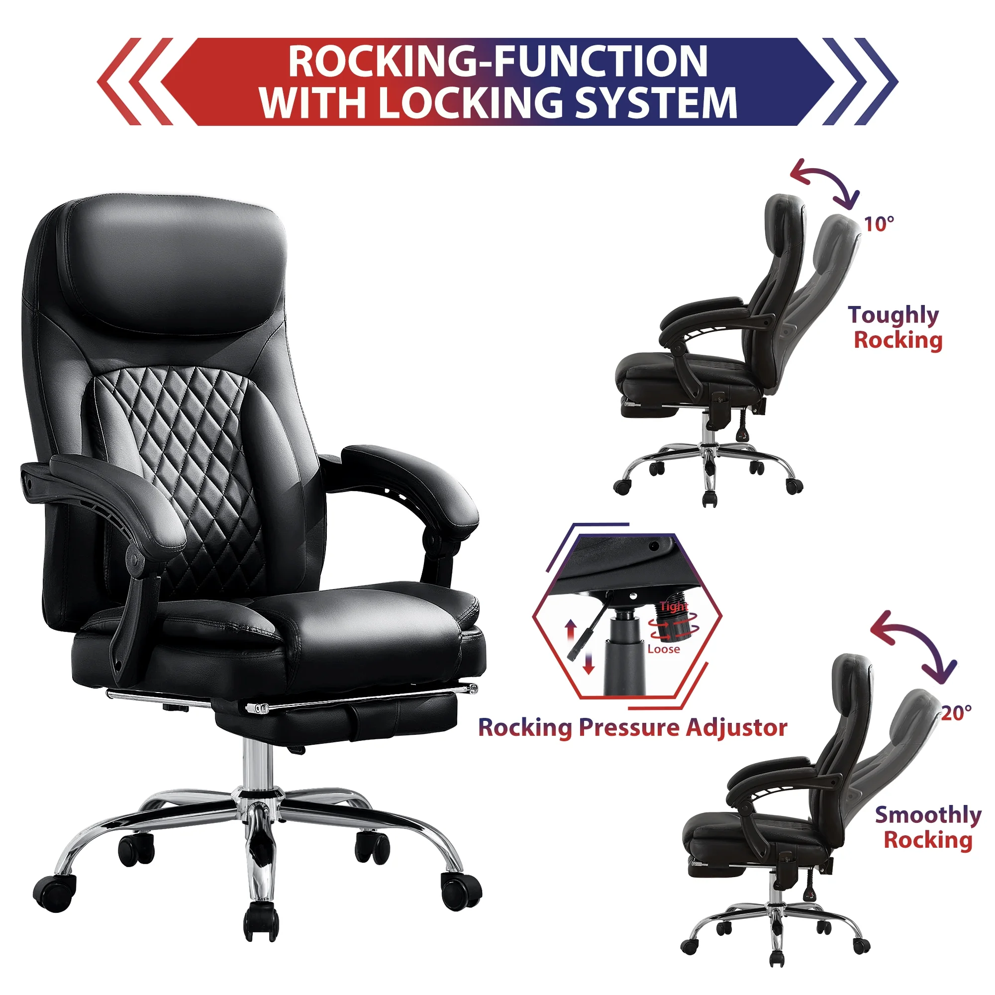 JONPONY Big and Tall Office Chair 500LBS Executive Office Chair Massage and Footrest Ergonomic Computer Desk Chair Reclining High Back Leather Office Chair Lumbar Back Support Swivel Rolling,Black - Image 12
