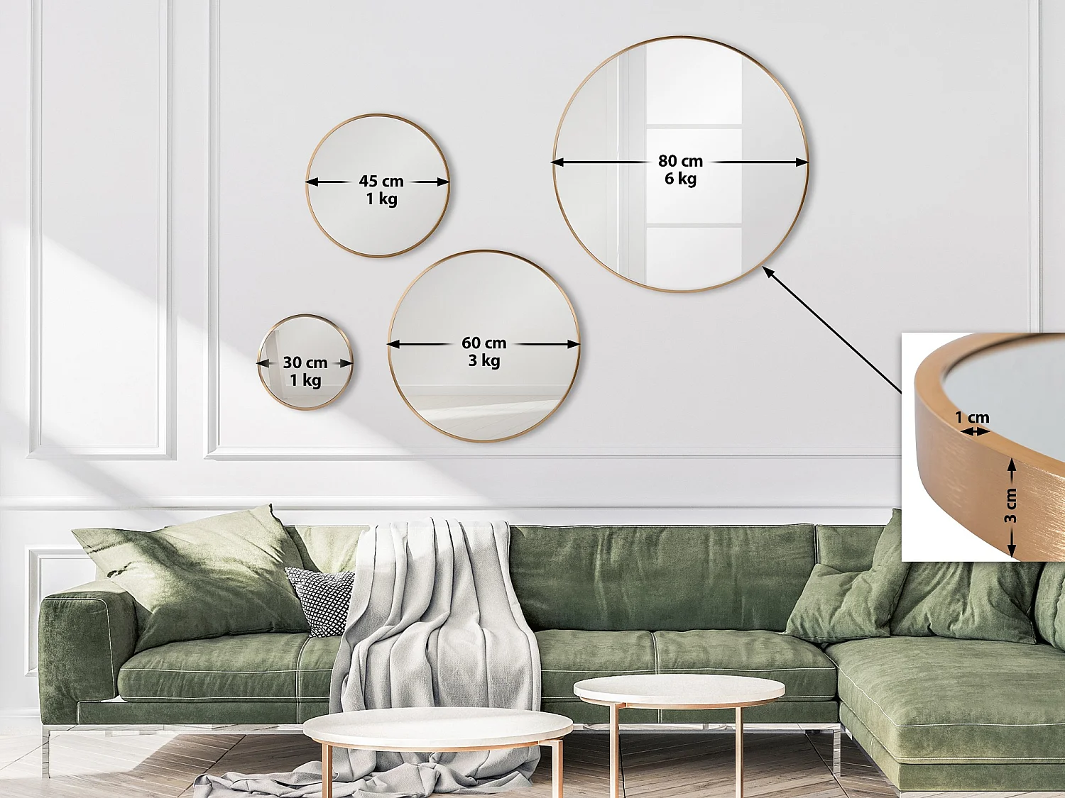 Miroir mural - rond Ø 60 cm - Métal - Or mat - Elsie