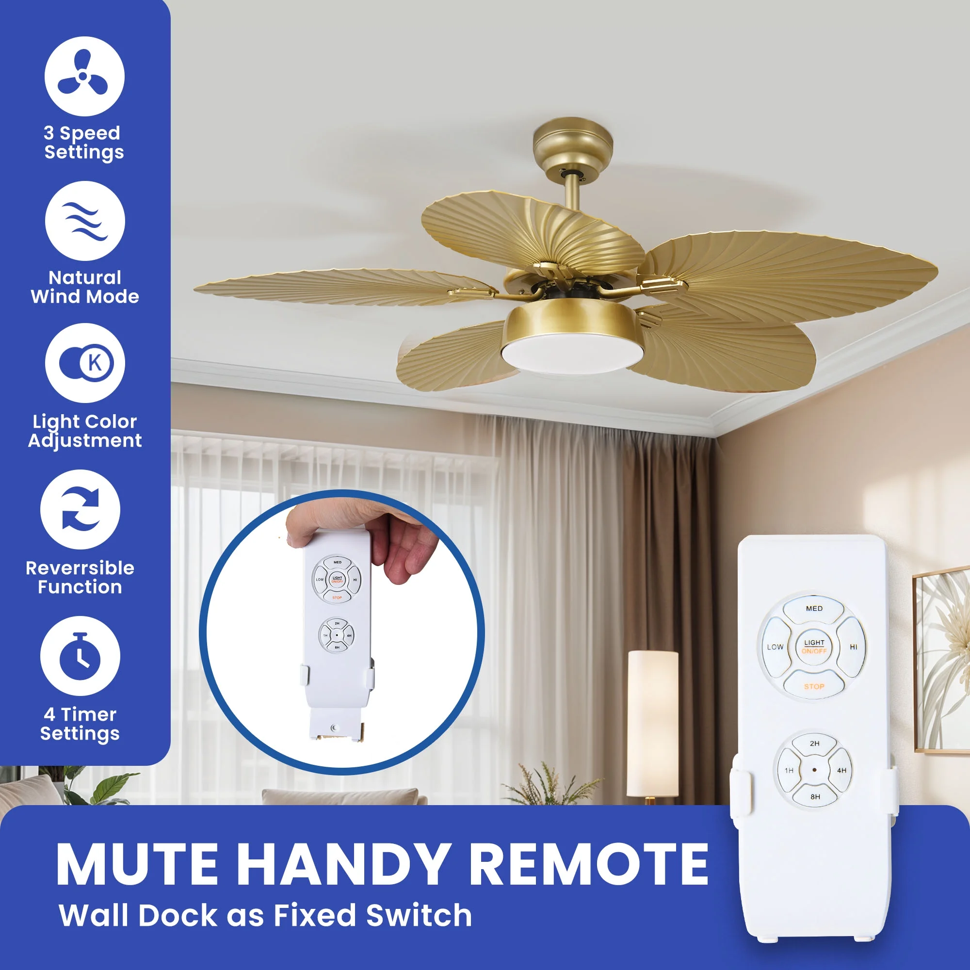 ModFusion 52" Gold Tropical Ceiling Fan with LED Light & Remote �C Palm Leaf Blades, Quiet Reversible DC Motor Indoor/Outdoor - Image 4