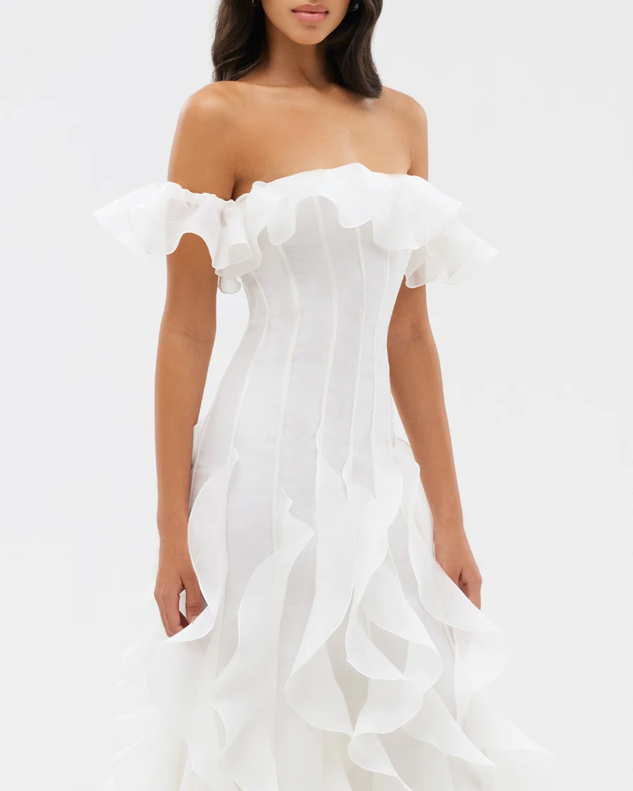 Elegant Floral Print Off-Shoulder Organza Dress - White