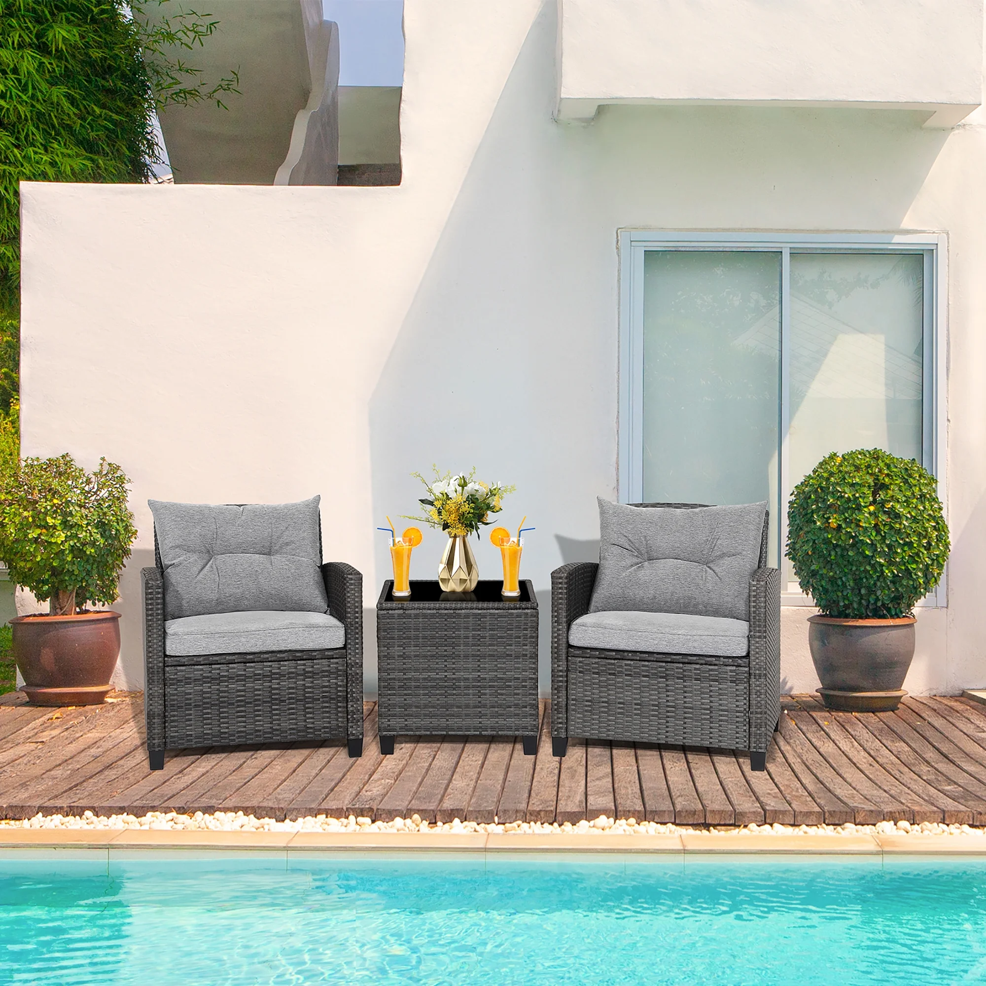 Gymax 3PCS Patio Rattan Sofa Set Outdoor Wicker Conversation Set Glass Tabletop w/ Grey Cushion - Image 4