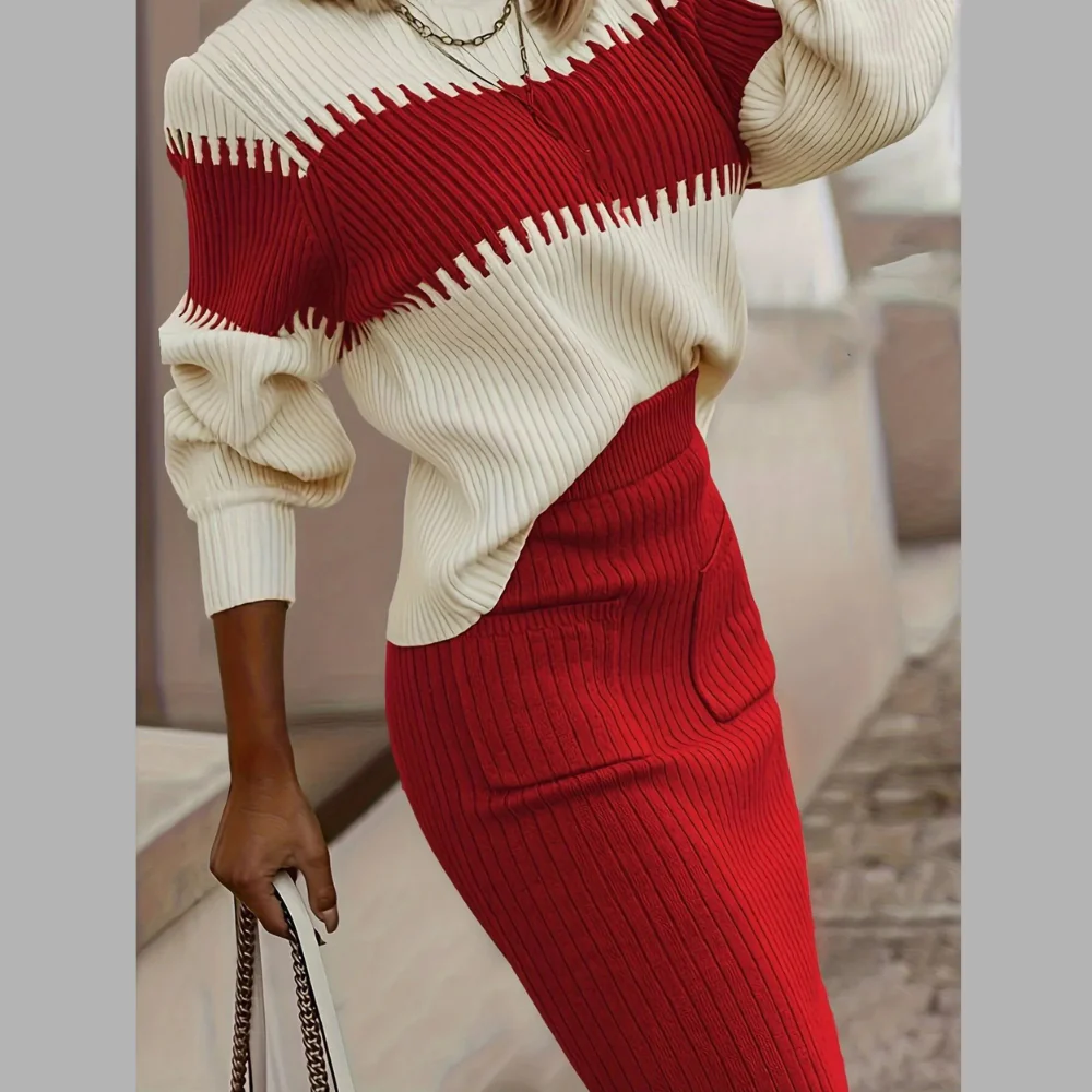Two-Tone Ribbed Knit Top and Skirt Sweater Set - ZKZOOK