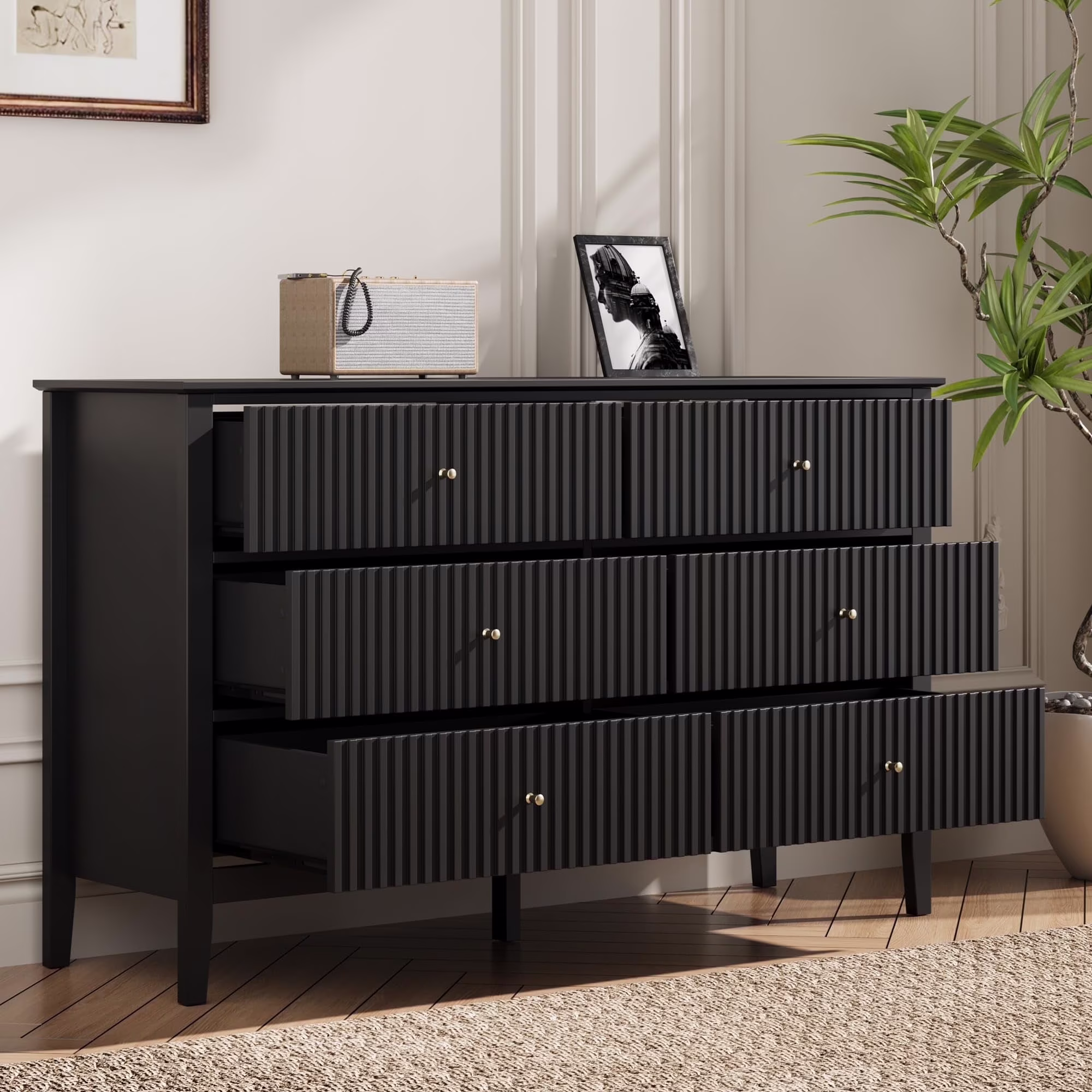 Heynemo Beige 6 Drawer Dresser, Fluted Modern Wood Chest - Image 21