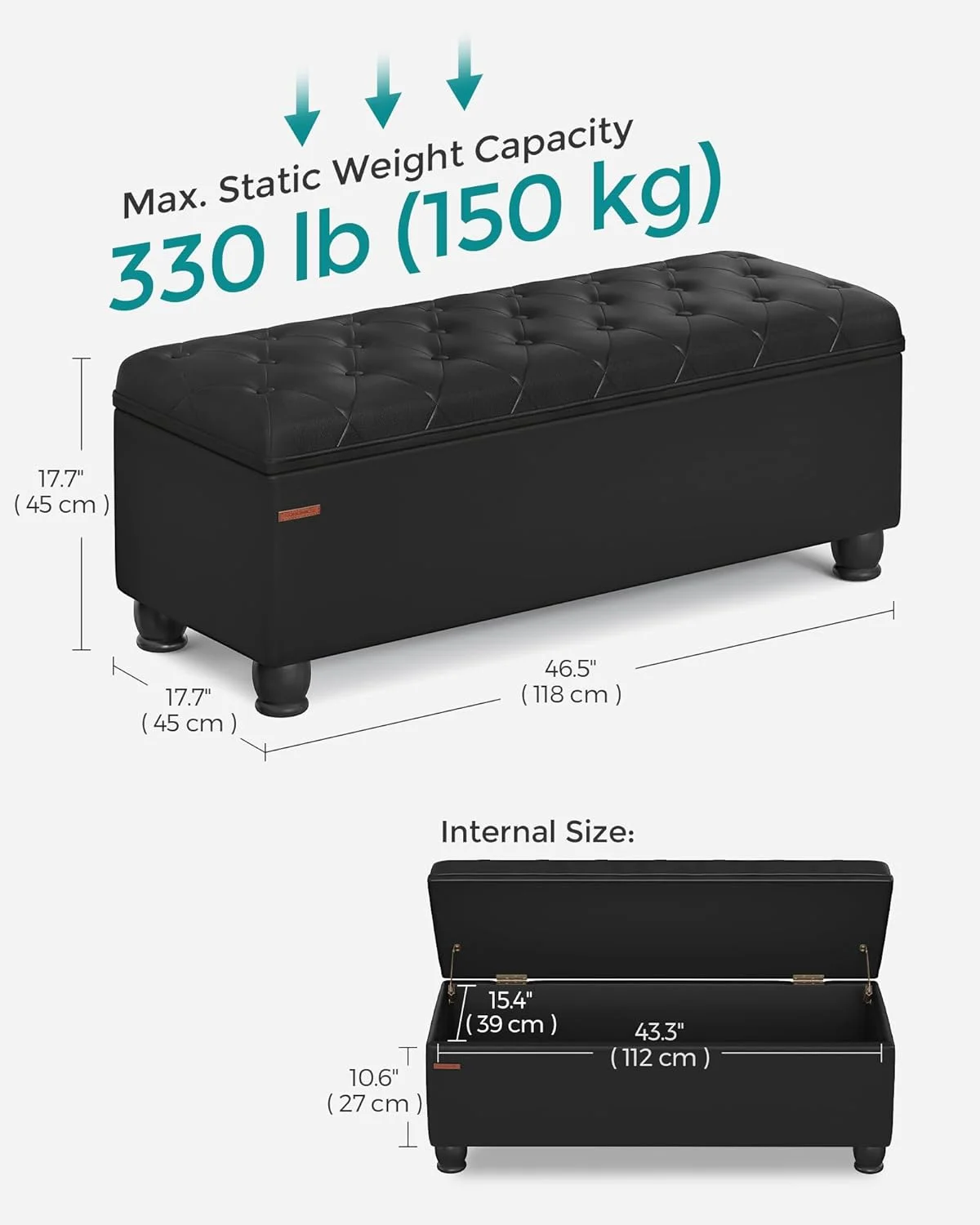 SONGMICS 46.5" Storage Ottoman Bench Storage Bench Bedroom Bench 330lb Load Capacity Solid Wood Legs Light Gray - Image 67