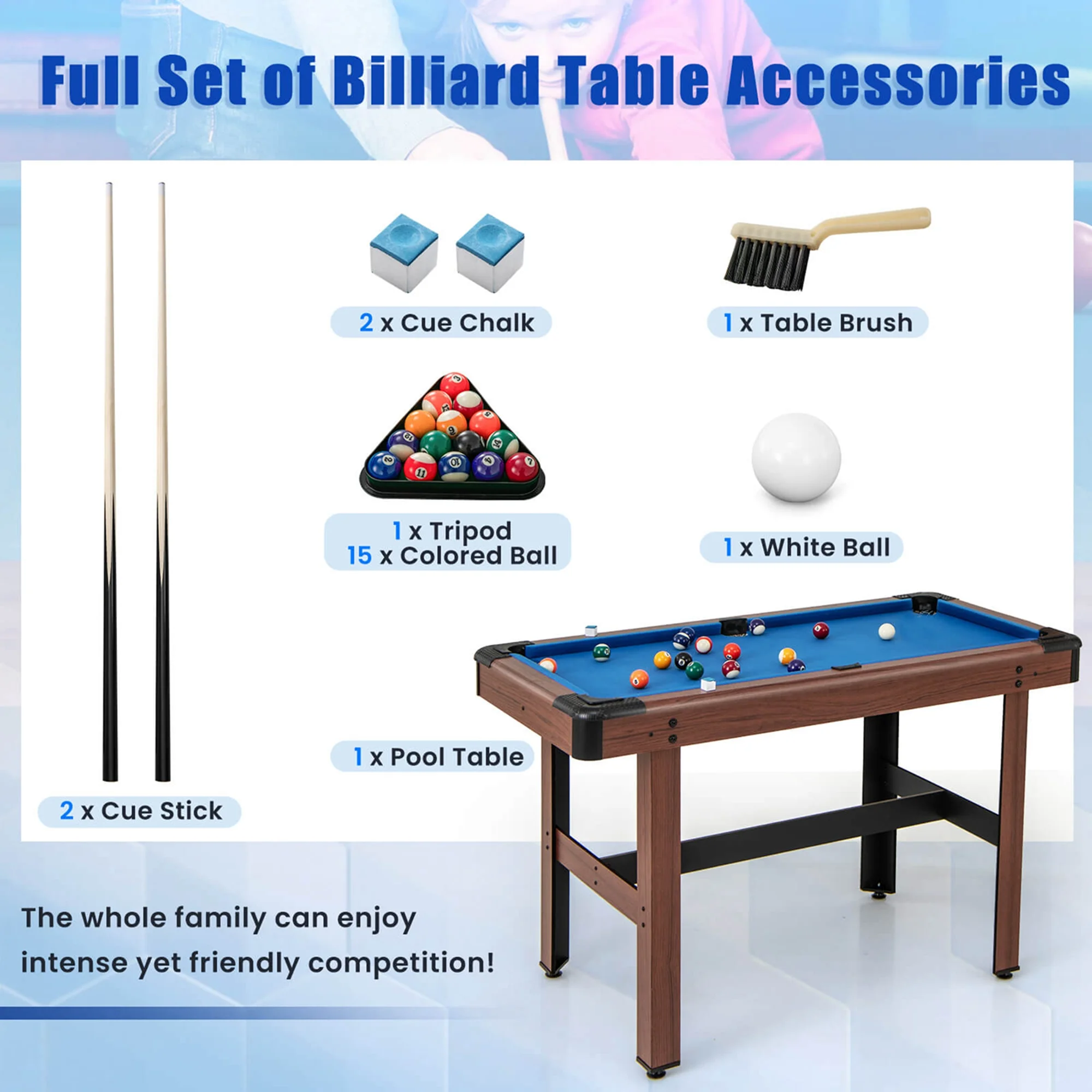 Costway 48" Pool Table for Kids & Adults with Full Set of Balls 2 Cue Sticks 2 Chalks Green - Image 17
