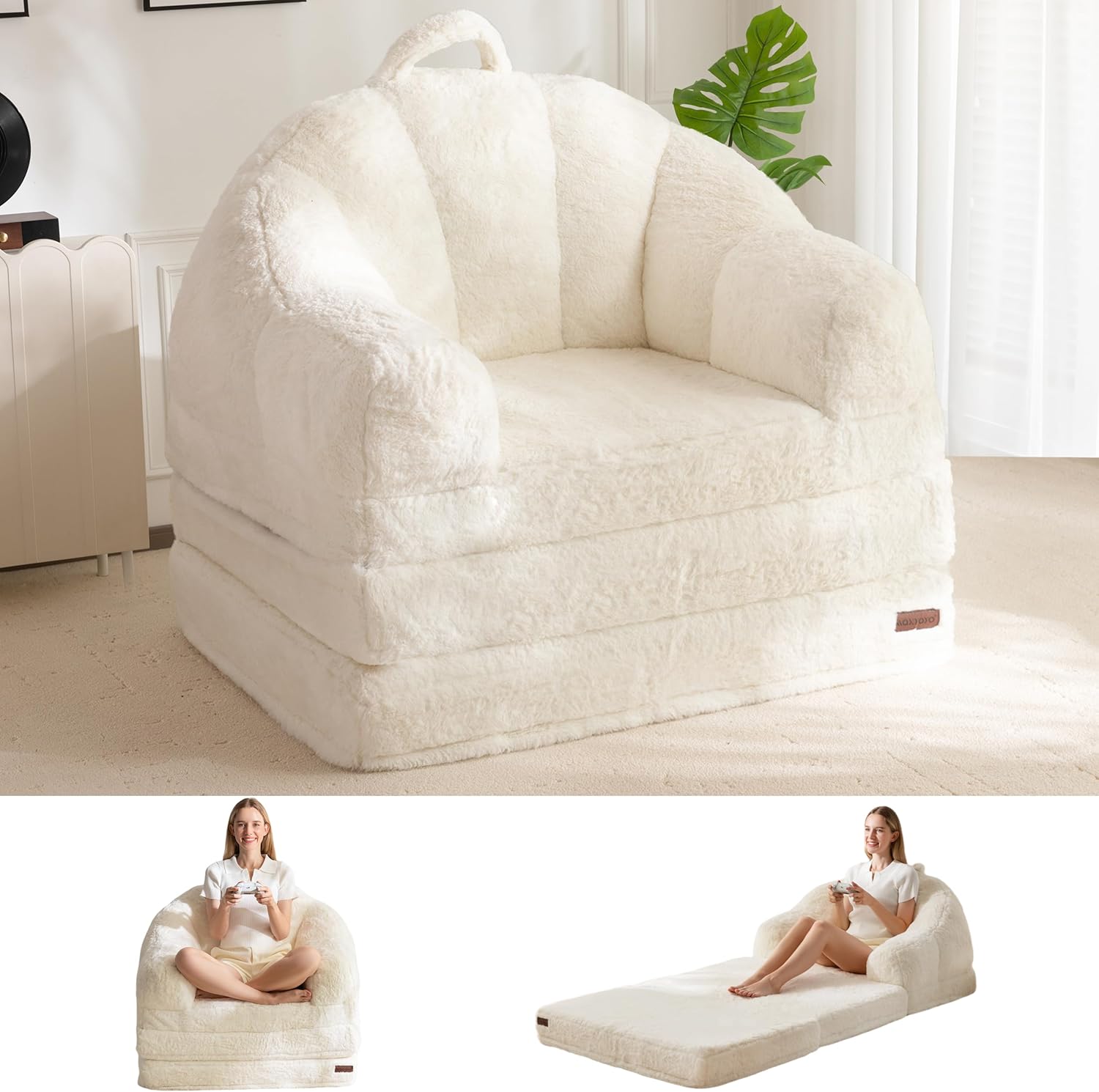 MAXYOYO Folding Sofa Bed, 2 in 1 Convertible Sofa to Lounger Comfy Single Bean Bag Chair for Adults, Floor Sleeper Couch with Handle, Faux Fur Couch Bed for Living Room Bedroom, Beige