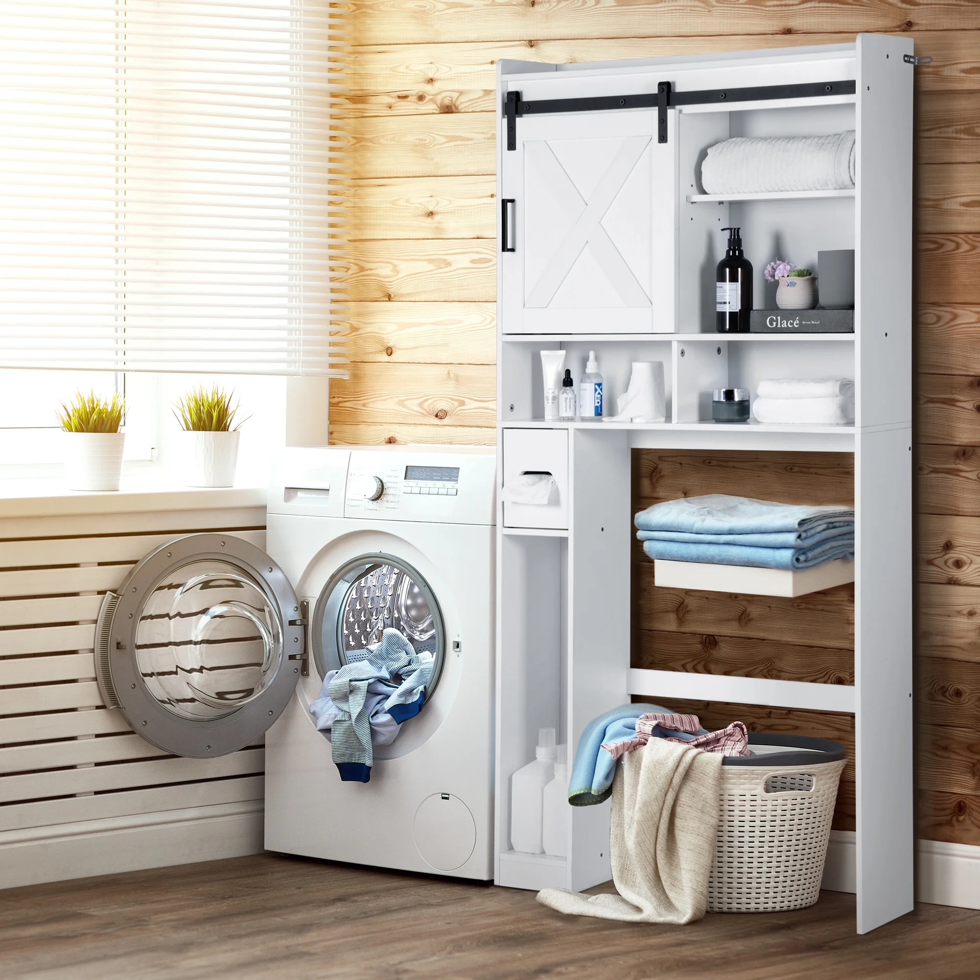YISUFO Over The Toilet Storage Cabinet, Bathroom Organizer Shelf with 2 Barn Door & Toilet Paper Holder Stand, Space-Saving Toilet Rack