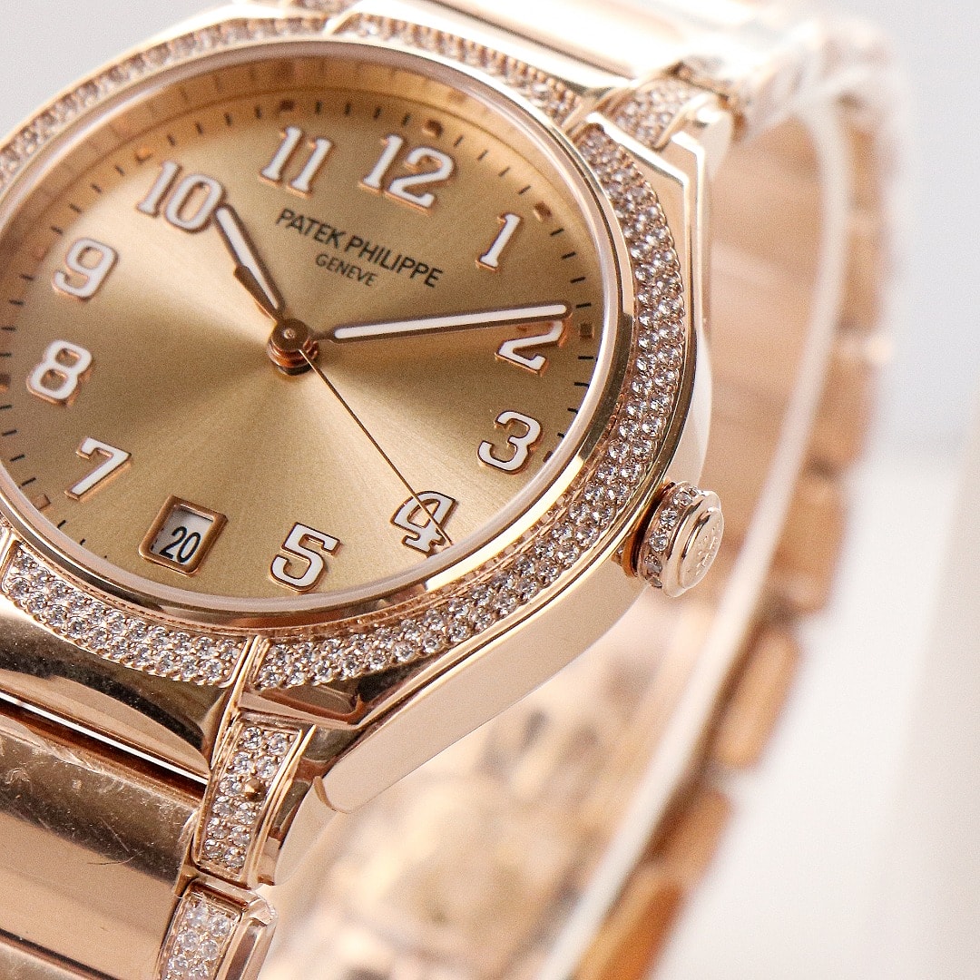 Fake Diamond Watch Replica Patek Philippe Twenty~4 Ladies Rose Gold/Diamonds Brown Dial 7300/1201R-010(1:1 replica) - Top club