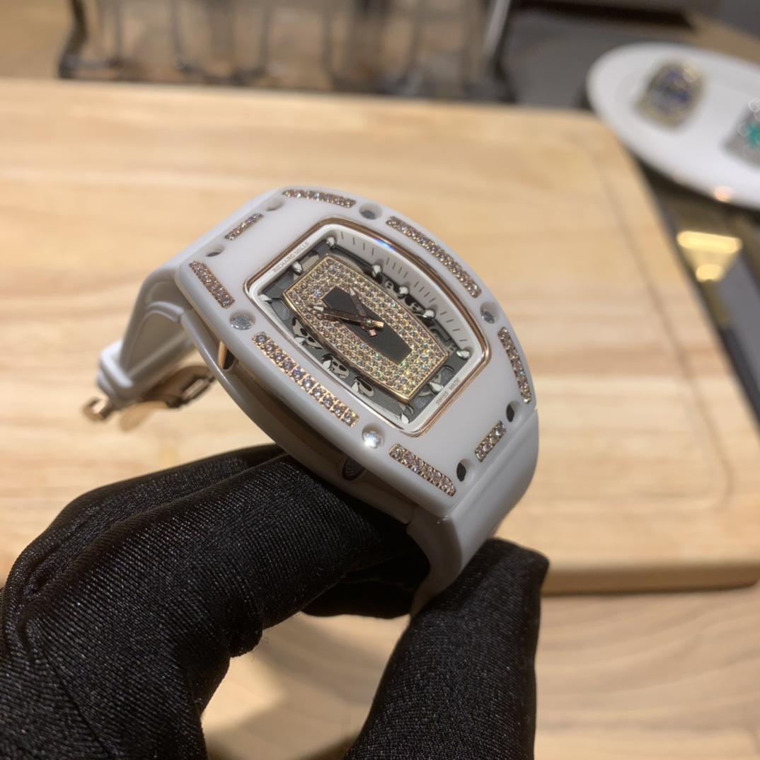 Elegant Swiss Richard Mille RM 07-01 Replica White Ceramic & Rose Gold Diamond Dial Watch – Luxury Style For Women - Elite Watch Atelier